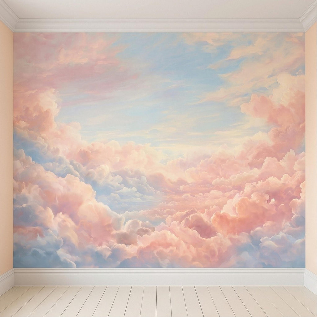Pastel Cloud Peel and Stick Wall Mural, Dreamy Pink Blue Sky Soft Celestial Clouds Ethereal Watercolor Wallpaper
