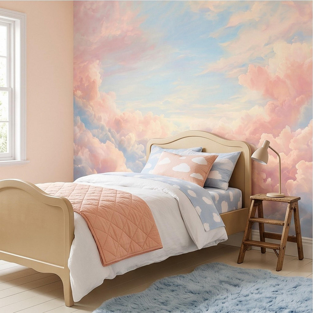 Pastel Cloud Peel and Stick Wall Mural, Dreamy Pink Blue Sky Soft Celestial Clouds Ethereal Watercolor Wallpaper