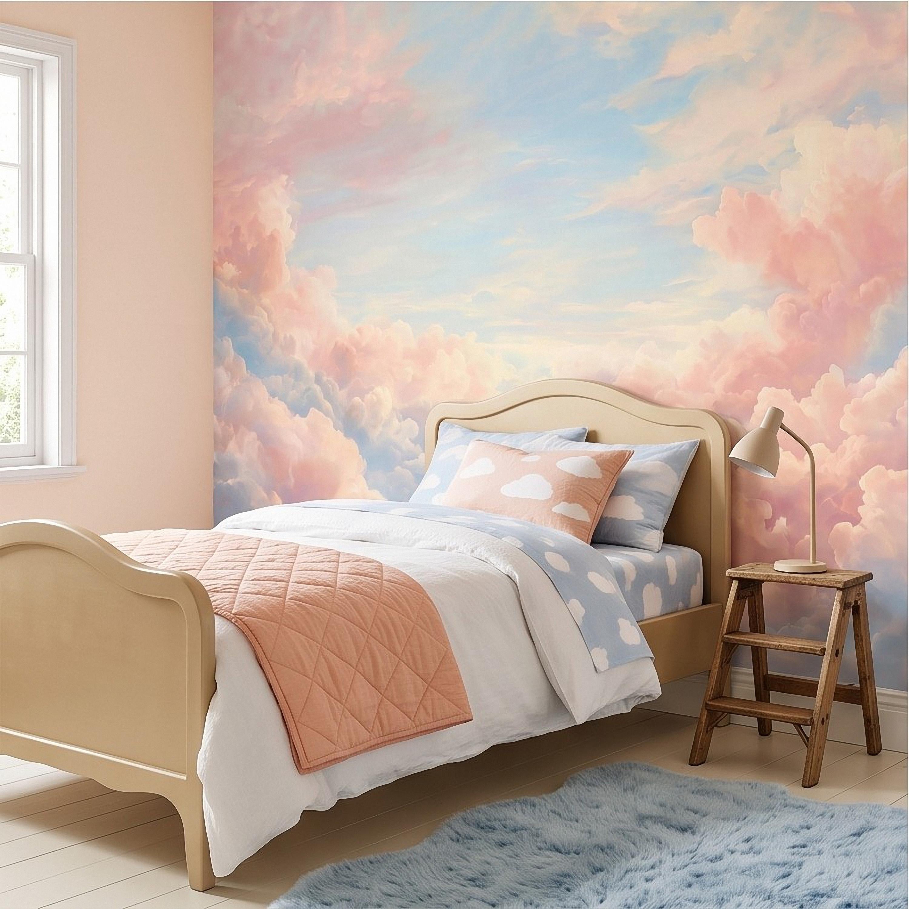 Pastel Cloud Peel and Stick Wall Mural, Dreamy Pink Blue Sky Soft Celestial Clouds Ethereal Watercolor Wallpaper