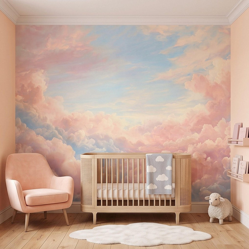 Pastel Cloud Peel and Stick Wall Mural, Dreamy Pink Blue Sky Soft Celestial Clouds Ethereal Watercolor Wallpaper