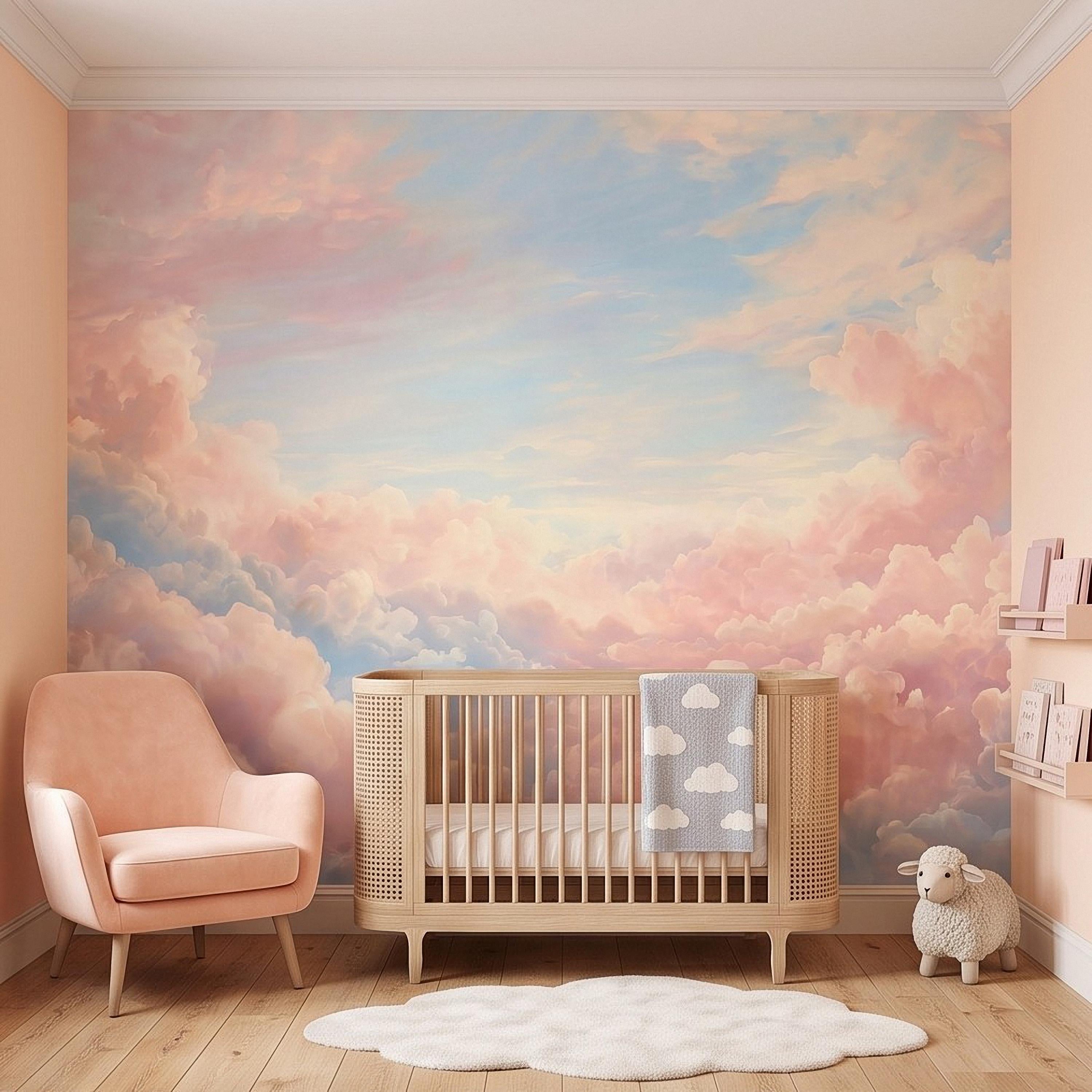 Pastel Cloud Peel and Stick Wall Mural, Dreamy Pink Blue Sky Soft Celestial Clouds Ethereal Watercolor Wallpaper