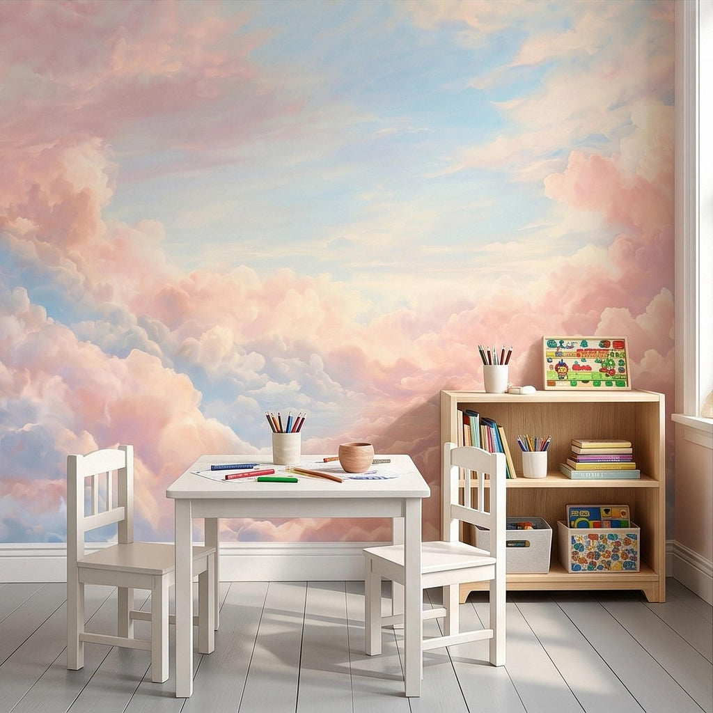 Pastel Cloud Peel and Stick Wall Mural, Dreamy Pink Blue Sky Soft Celestial Clouds Ethereal Watercolor Wallpaper