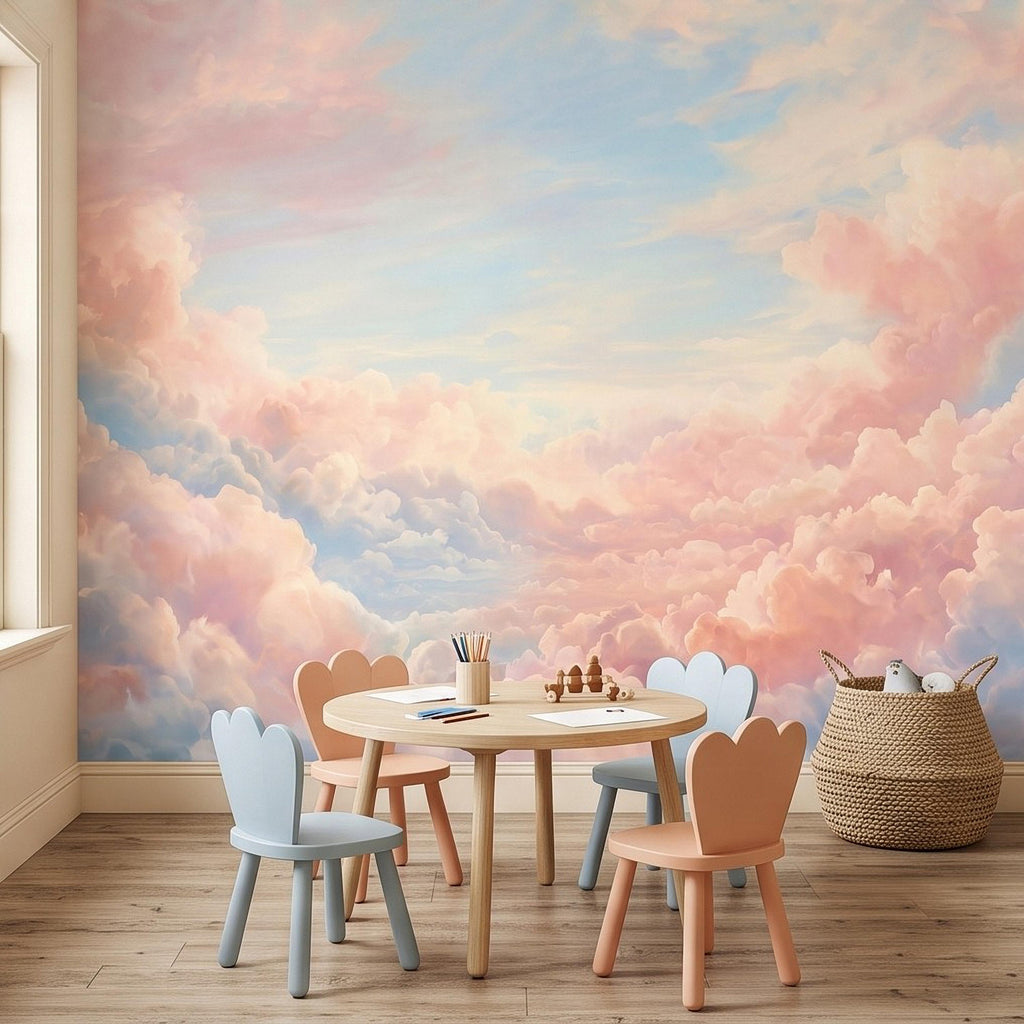 Pastel Cloud Peel and Stick Wall Mural, Dreamy Pink Blue Sky Soft Celestial Clouds Ethereal Watercolor Wallpaper