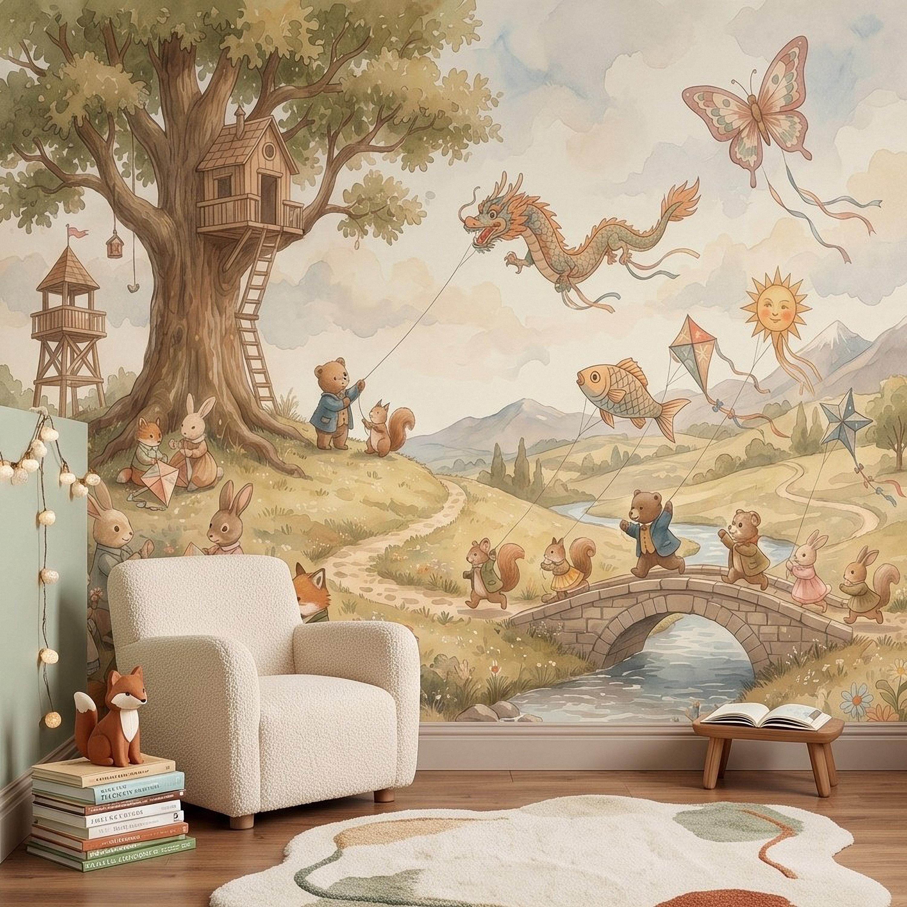 Whimsical Woodland Animals Peel and Stick Wall Mural, Treehouse Kites Bunny Fox Bear Friends Storybook Watercolor Wallpaper