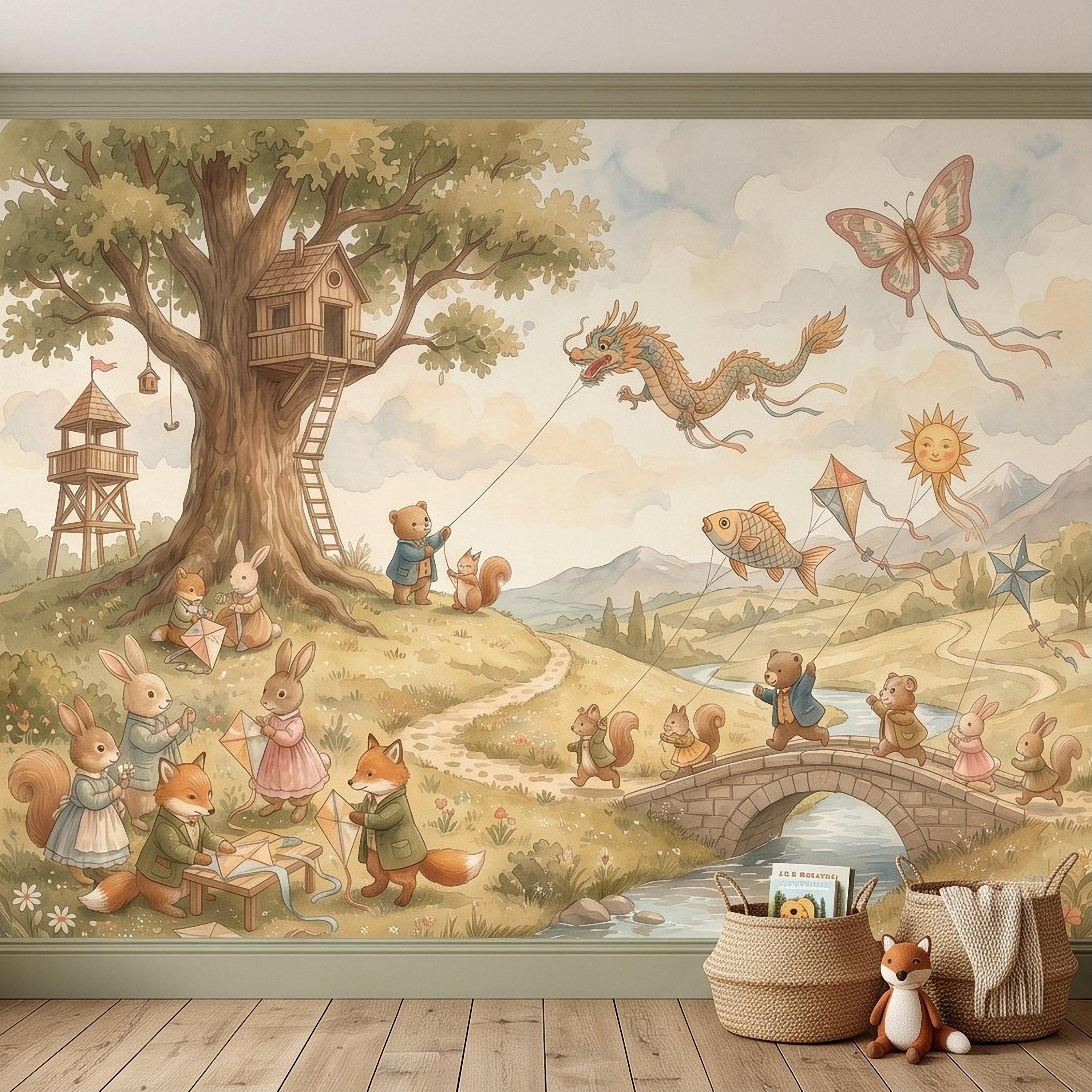 Whimsical Woodland Animals Peel and Stick Wall Mural, Treehouse Kites Bunny Fox Bear Friends Storybook Watercolor Wallpaper
