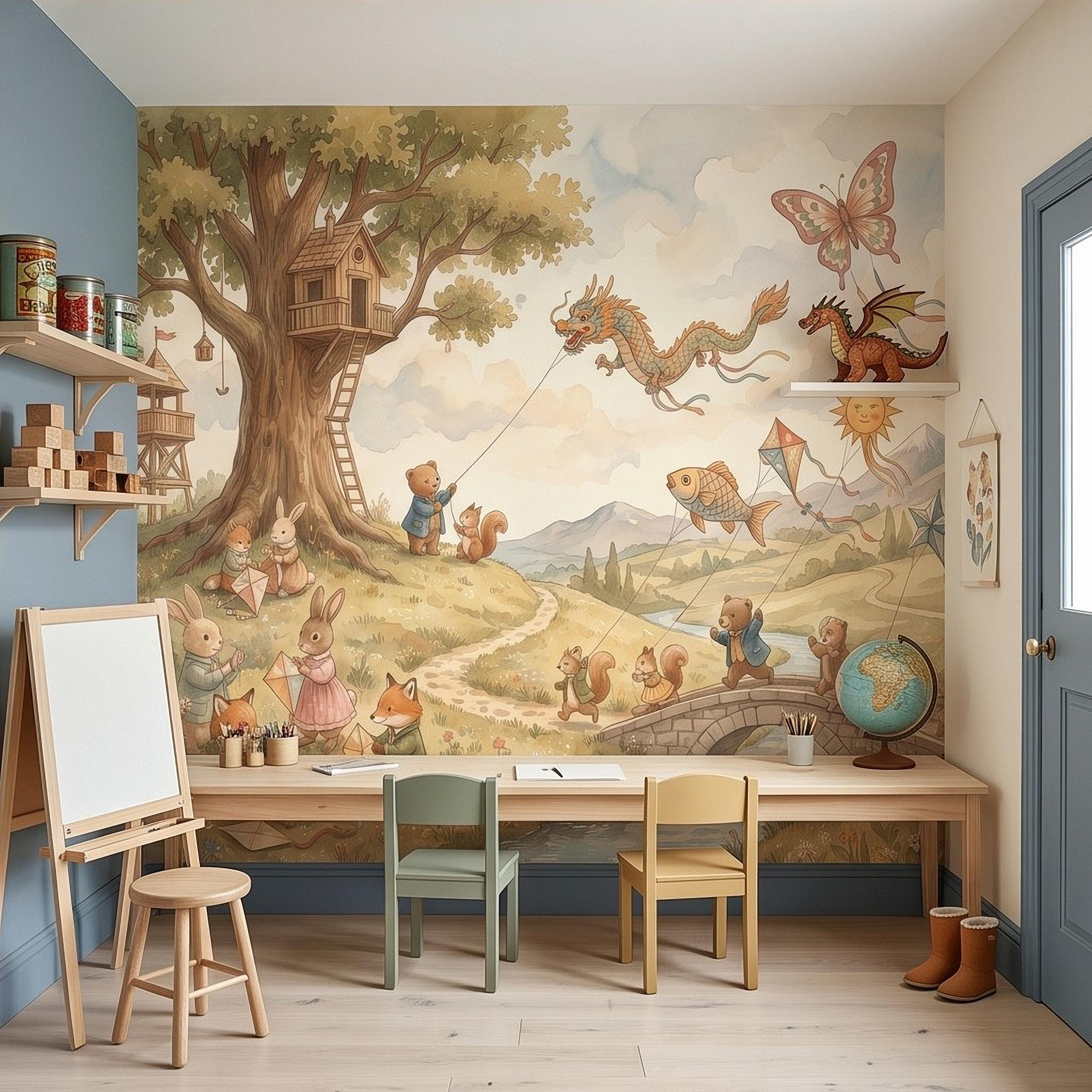 Whimsical Woodland Animals Peel and Stick Wall Mural, Treehouse Kites Bunny Fox Bear Friends Storybook Watercolor Wallpaper