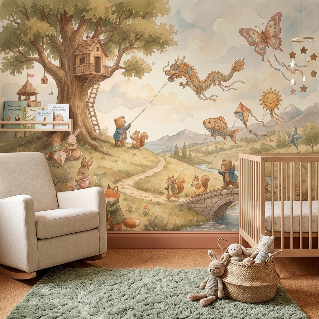 Whimsical Woodland Animals Peel and Stick Wall Mural, Treehouse Kites Bunny Fox Bear Friends Storybook Watercolor Wallpaper