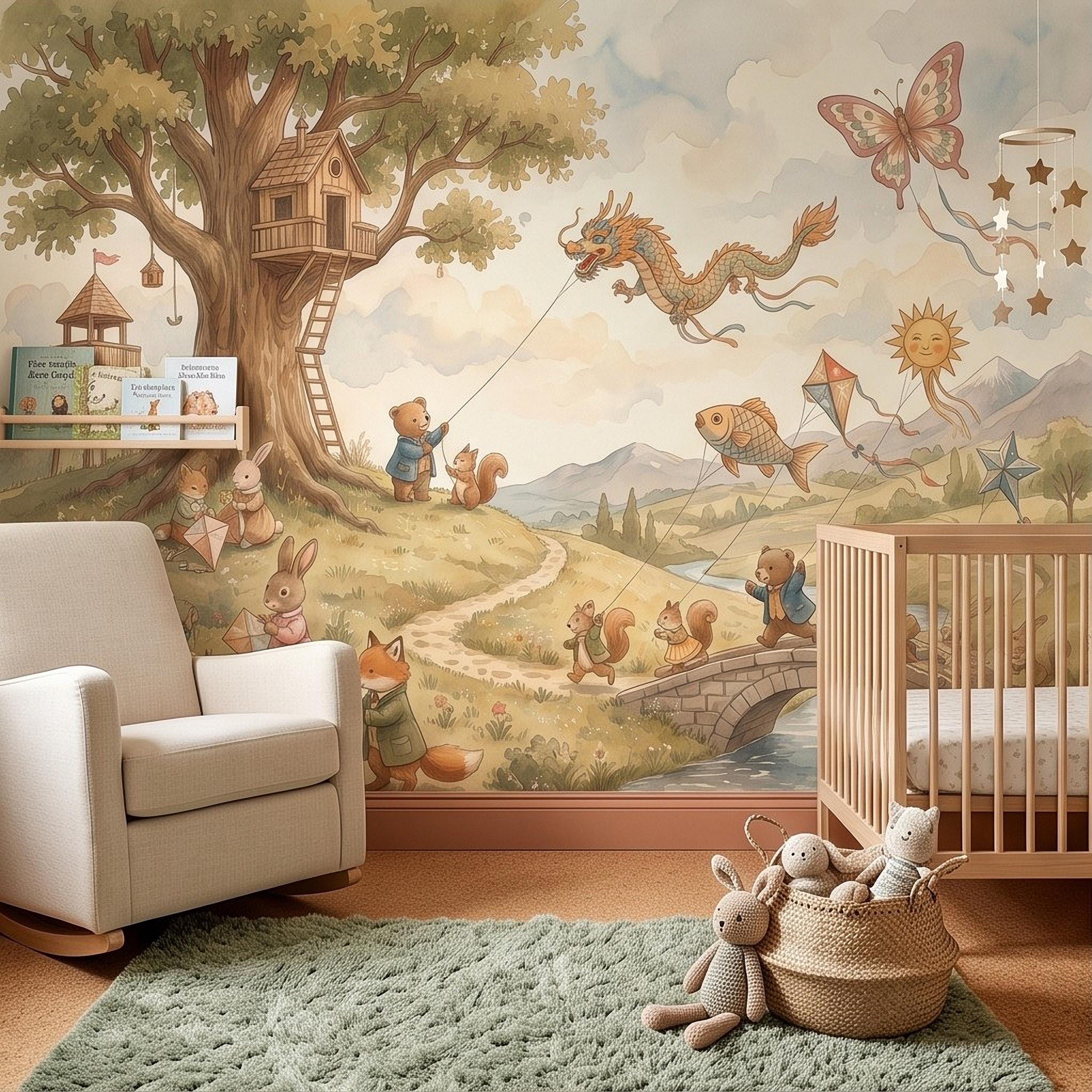 Whimsical Woodland Animals Peel and Stick Wall Mural, Treehouse Kites Bunny Fox Bear Friends Storybook Watercolor Wallpaper