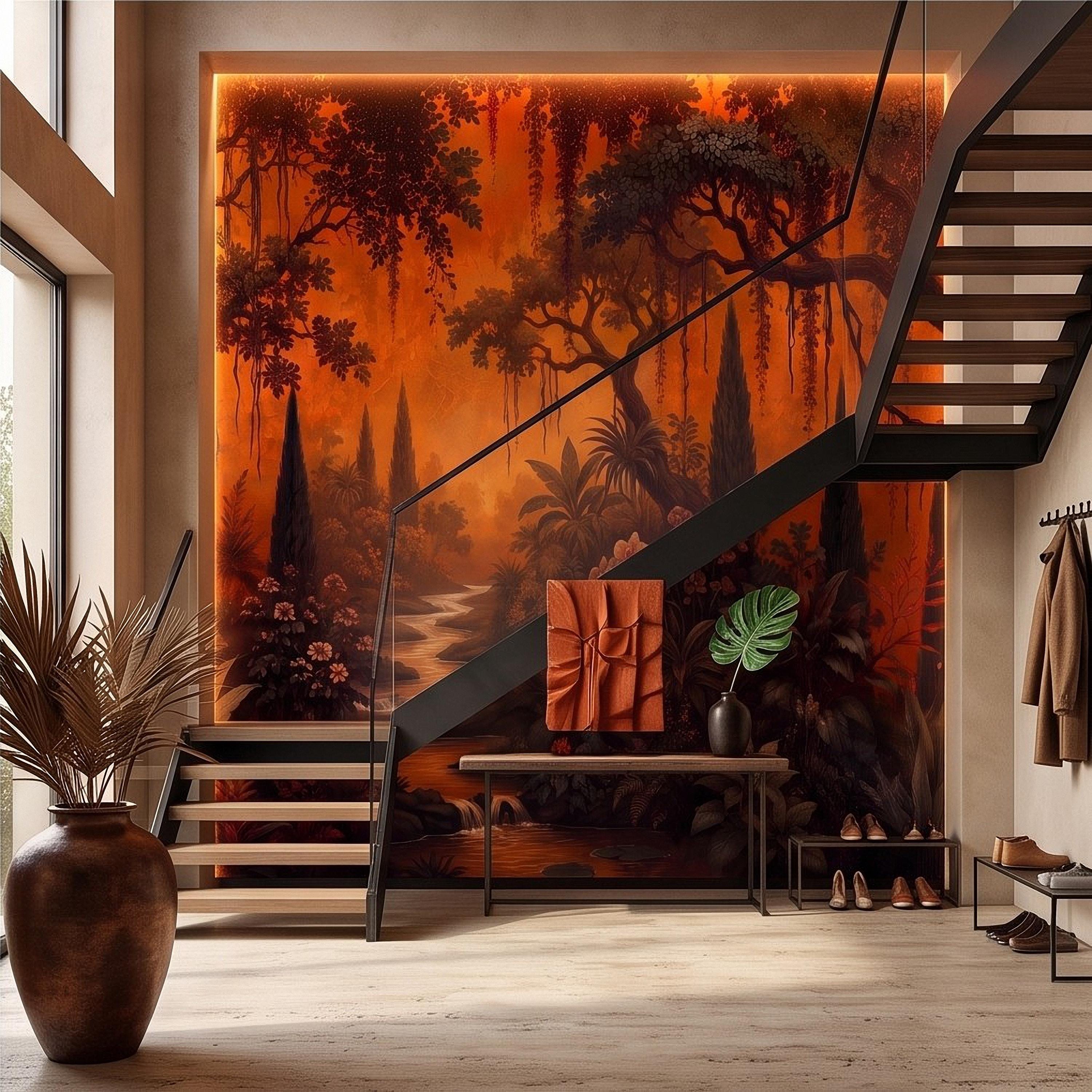 Dark Tropical Garden Peel and Stick Wall Mural, Burnt Orange Botanical Forest Exotic Orchids Moody Jungle Nature Wallpaper