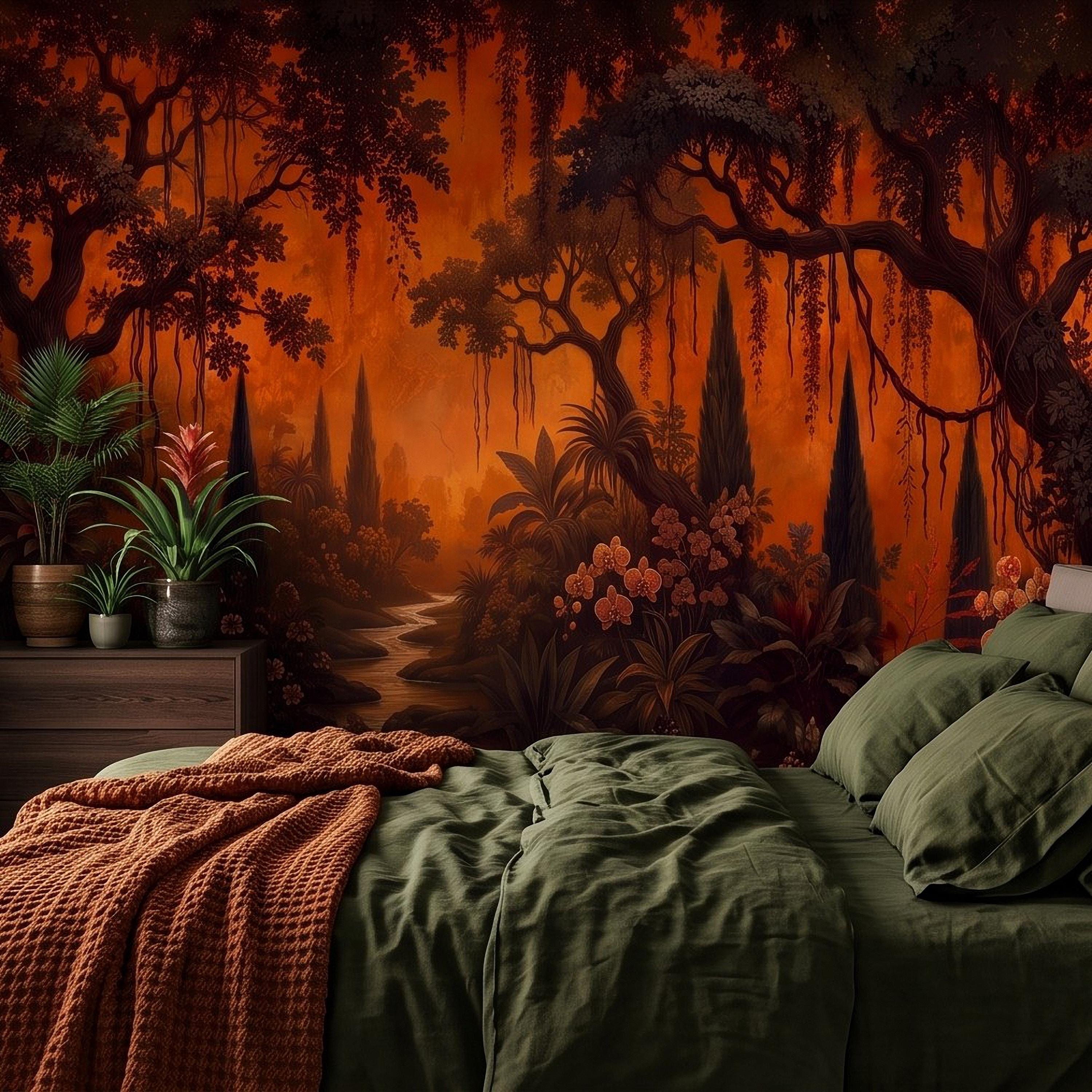Dark Tropical Garden Peel and Stick Wall Mural, Burnt Orange Botanical Forest Exotic Orchids Moody Jungle Nature Wallpaper