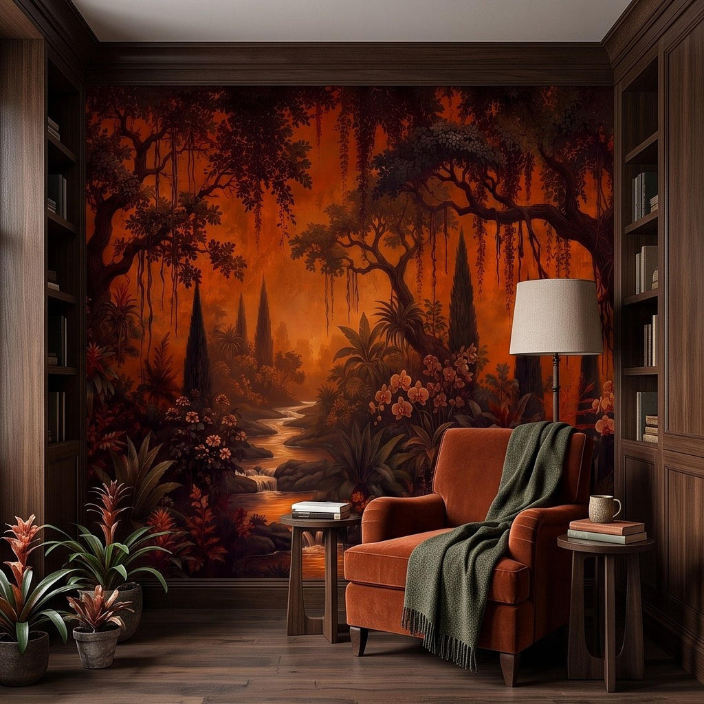 Dark Tropical Garden Peel and Stick Wall Mural, Burnt Orange Botanical Forest Exotic Orchids Moody Jungle Nature Wallpaper