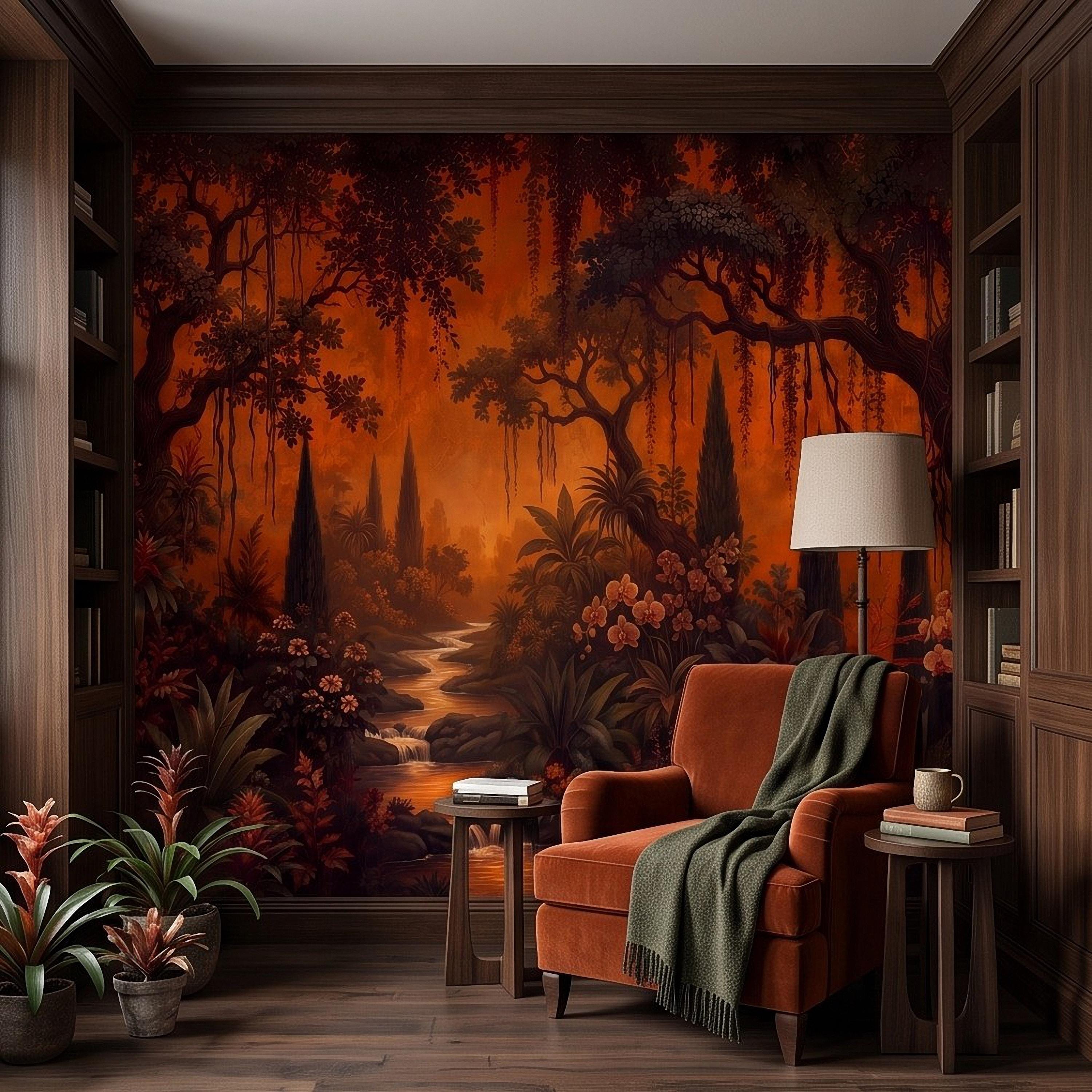 Dark Tropical Garden Peel and Stick Wall Mural, Burnt Orange Botanical Forest Exotic Orchids Moody Jungle Nature Wallpaper