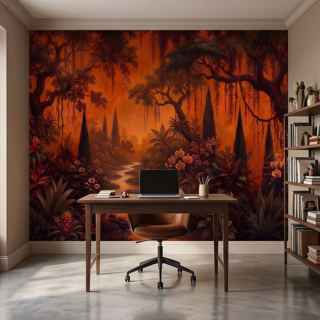 Dark Tropical Garden Peel and Stick Wall Mural, Burnt Orange Botanical Forest Exotic Orchids Moody Jungle Nature Wallpaper