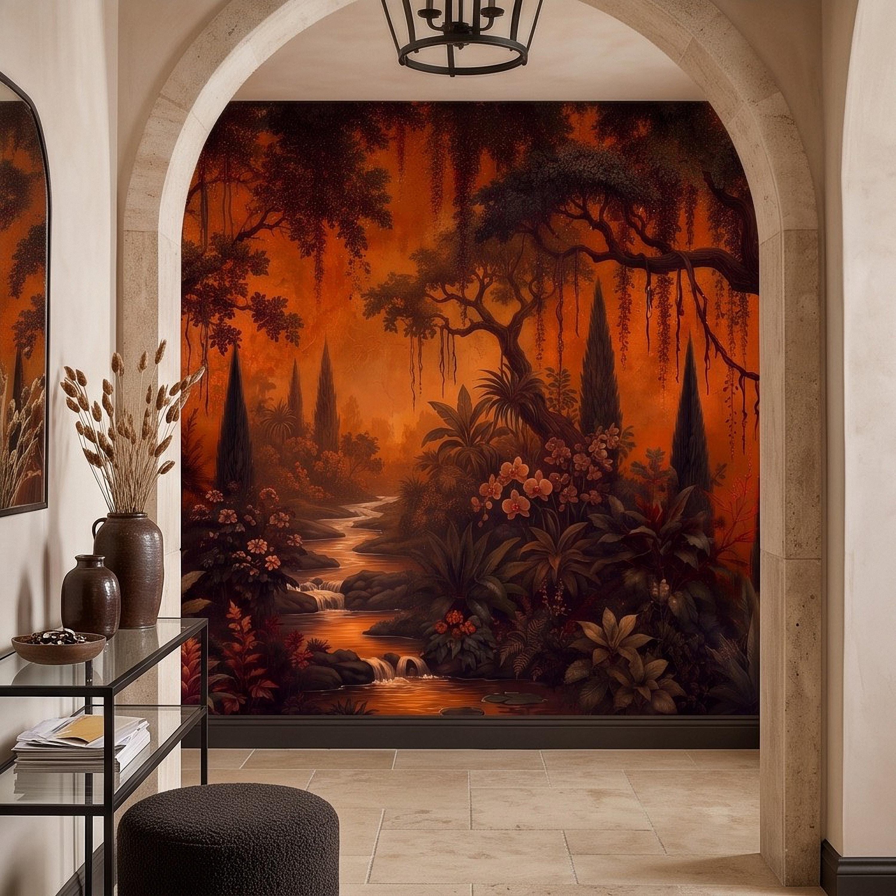 Dark Tropical Garden Peel and Stick Wall Mural, Burnt Orange Botanical Forest Exotic Orchids Moody Jungle Nature Wallpaper