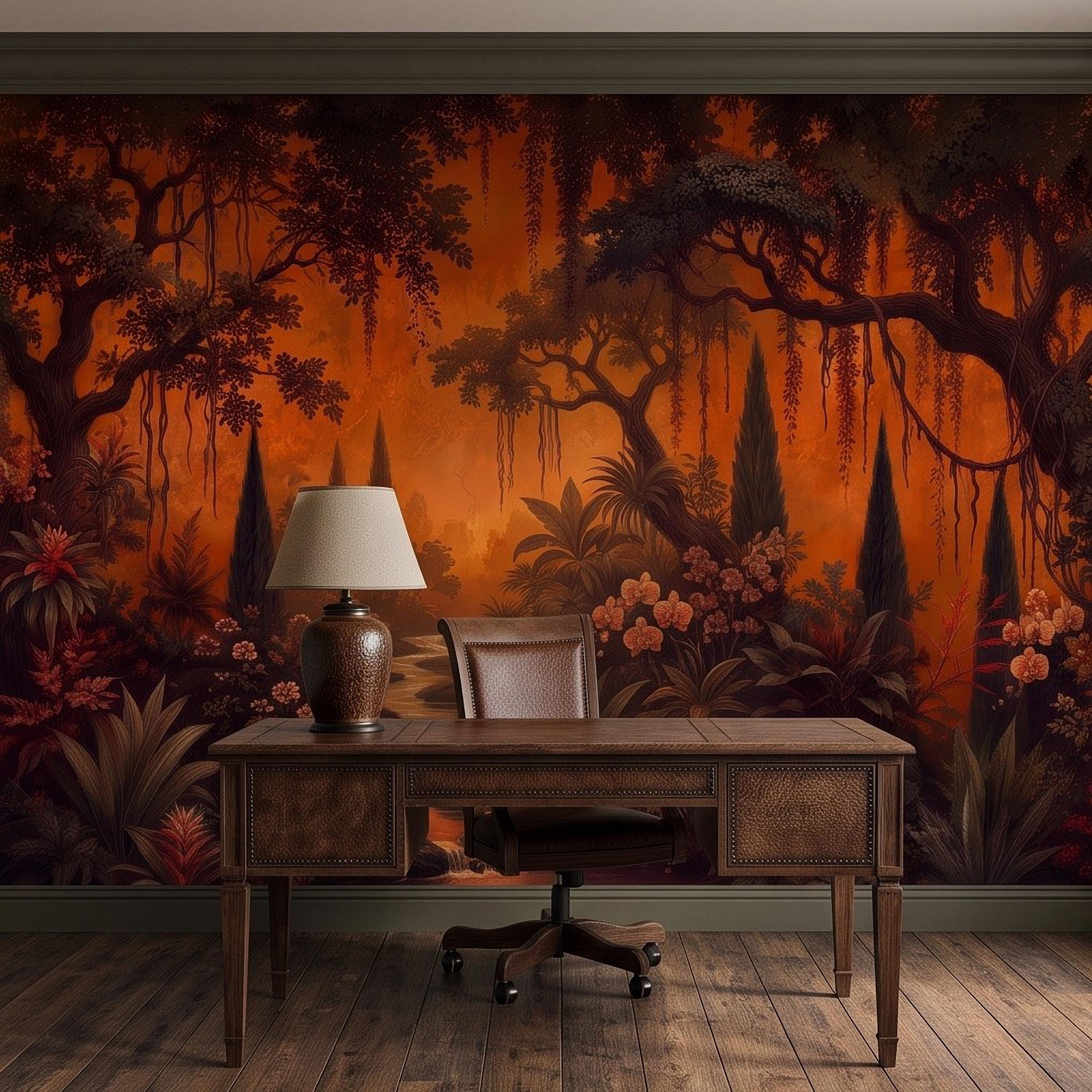 Dark Tropical Garden Peel and Stick Wall Mural, Burnt Orange Botanical Forest Exotic Orchids Moody Jungle Nature Wallpaper