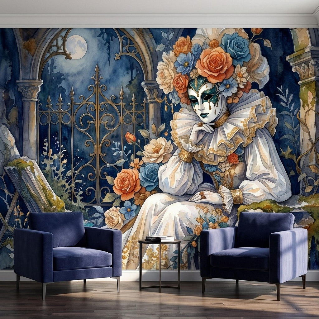 Venetian Masquerade Peel and Stick Wall Mural, Floral Masked Lady Gothic Garden Moonlit Ruins Romantic Watercolor Fantasy Painting Wallpaper
