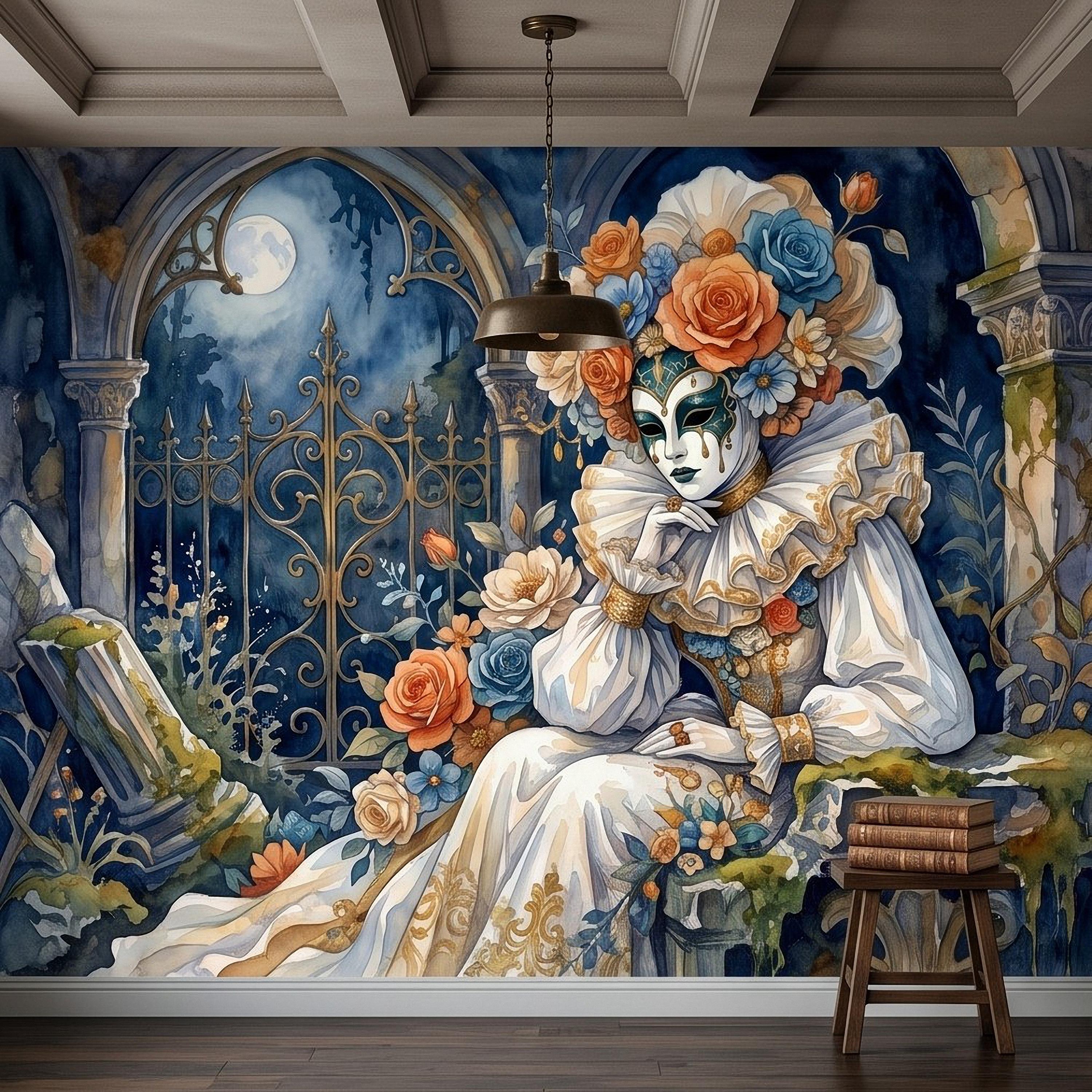 Venetian Masquerade Peel and Stick Wall Mural, Floral Masked Lady Gothic Garden Moonlit Ruins Romantic Watercolor Fantasy Painting Wallpaper