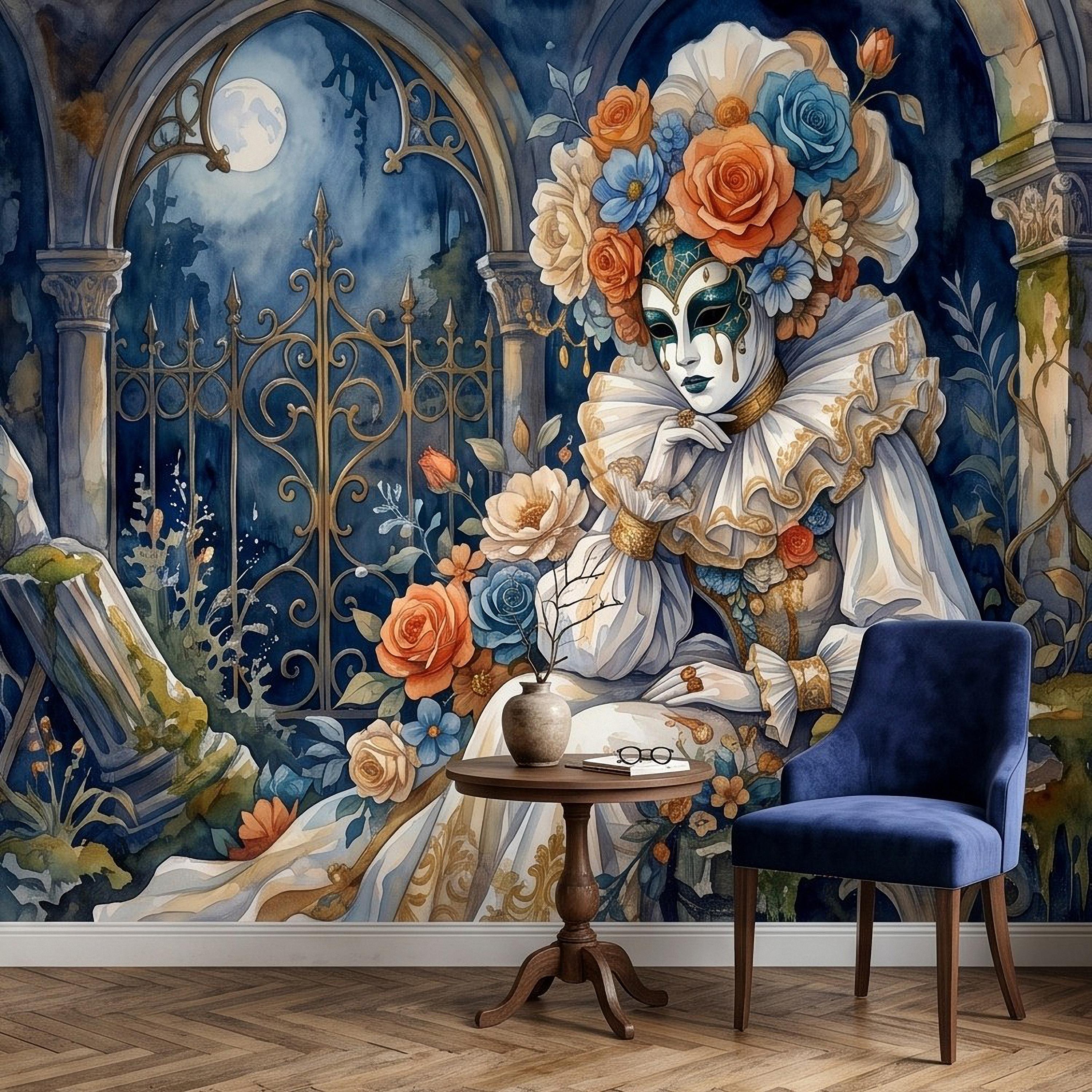 Venetian Masquerade Peel and Stick Wall Mural, Floral Masked Lady Gothic Garden Moonlit Ruins Romantic Watercolor Fantasy Painting Wallpaper