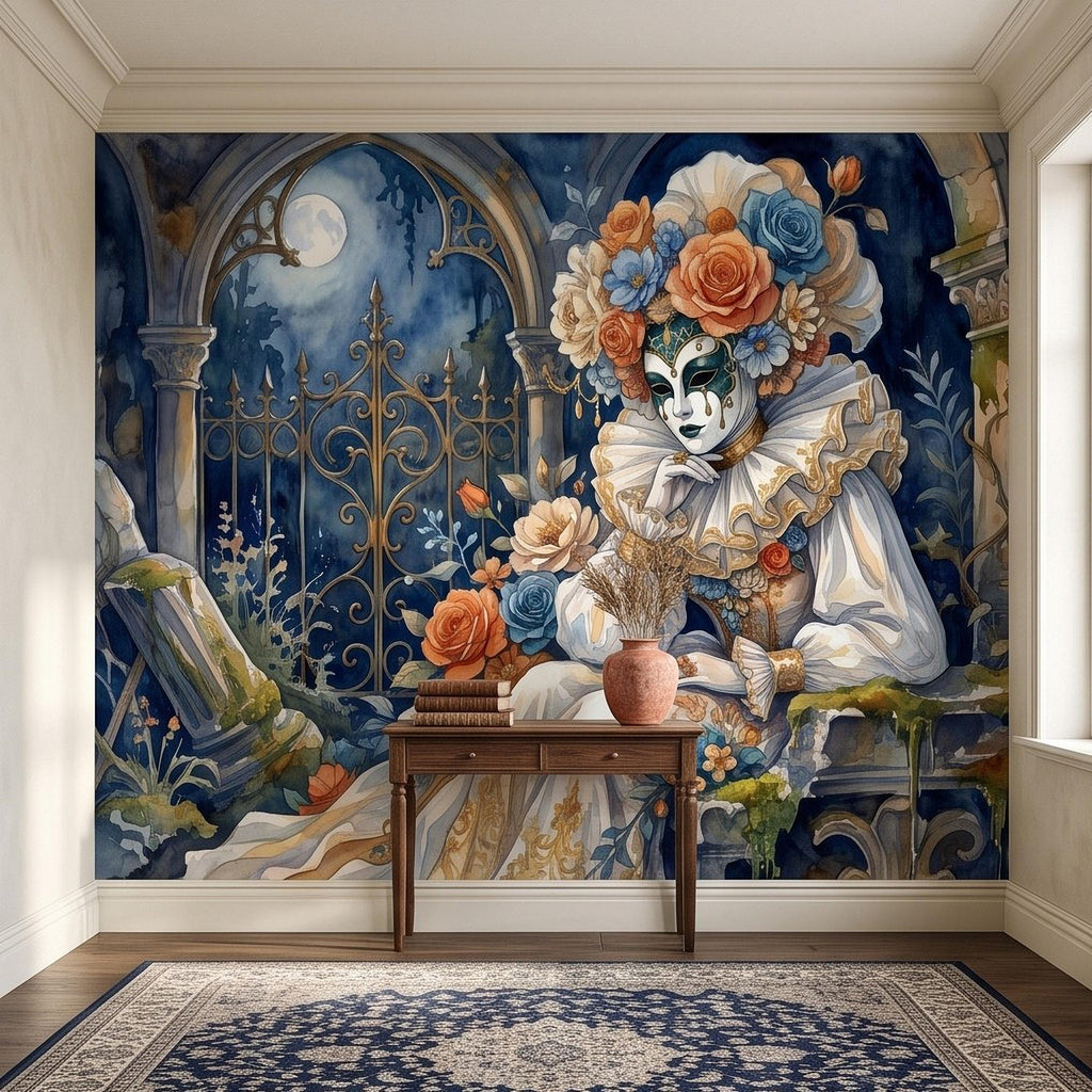 Venetian Masquerade Peel and Stick Wall Mural, Floral Masked Lady Gothic Garden Moonlit Ruins Romantic Watercolor Fantasy Painting Wallpaper