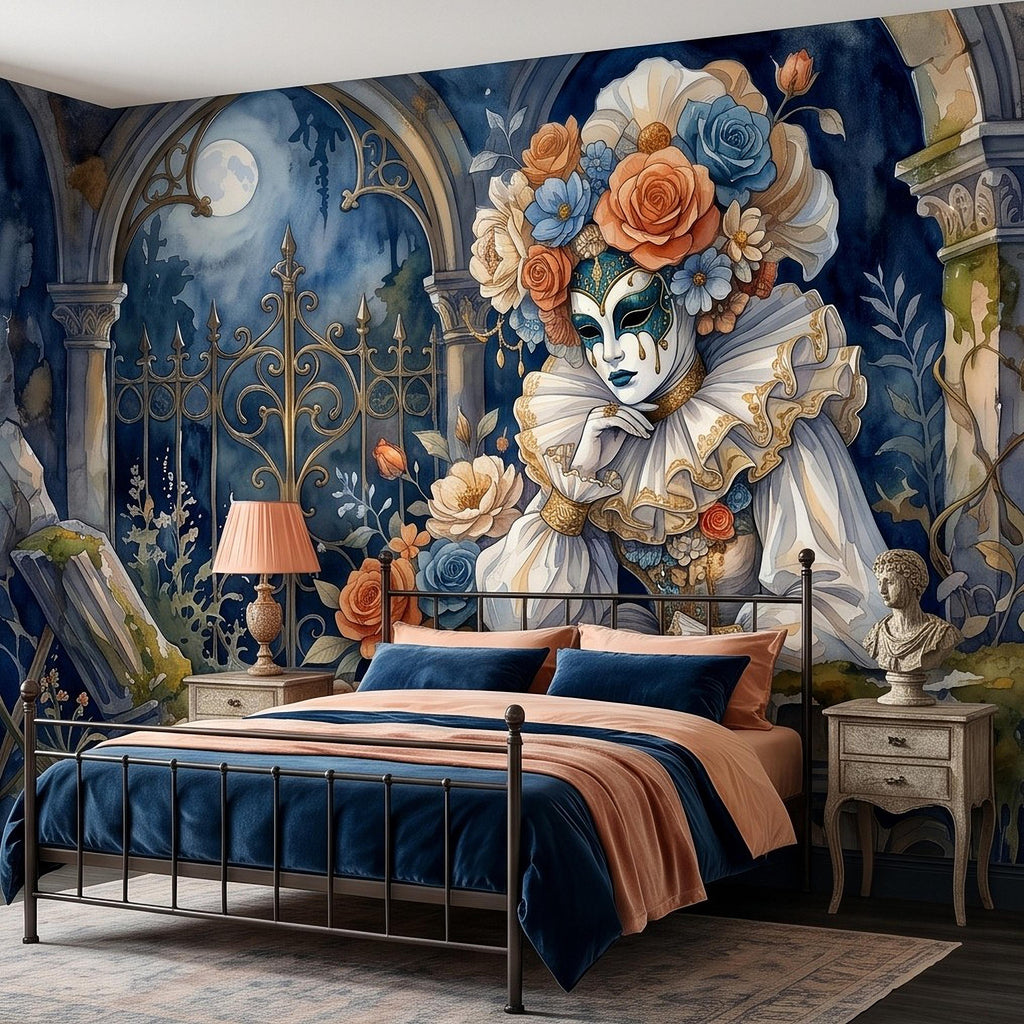 Venetian Masquerade Peel and Stick Wall Mural, Floral Masked Lady Gothic Garden Moonlit Ruins Romantic Watercolor Fantasy Painting Wallpaper