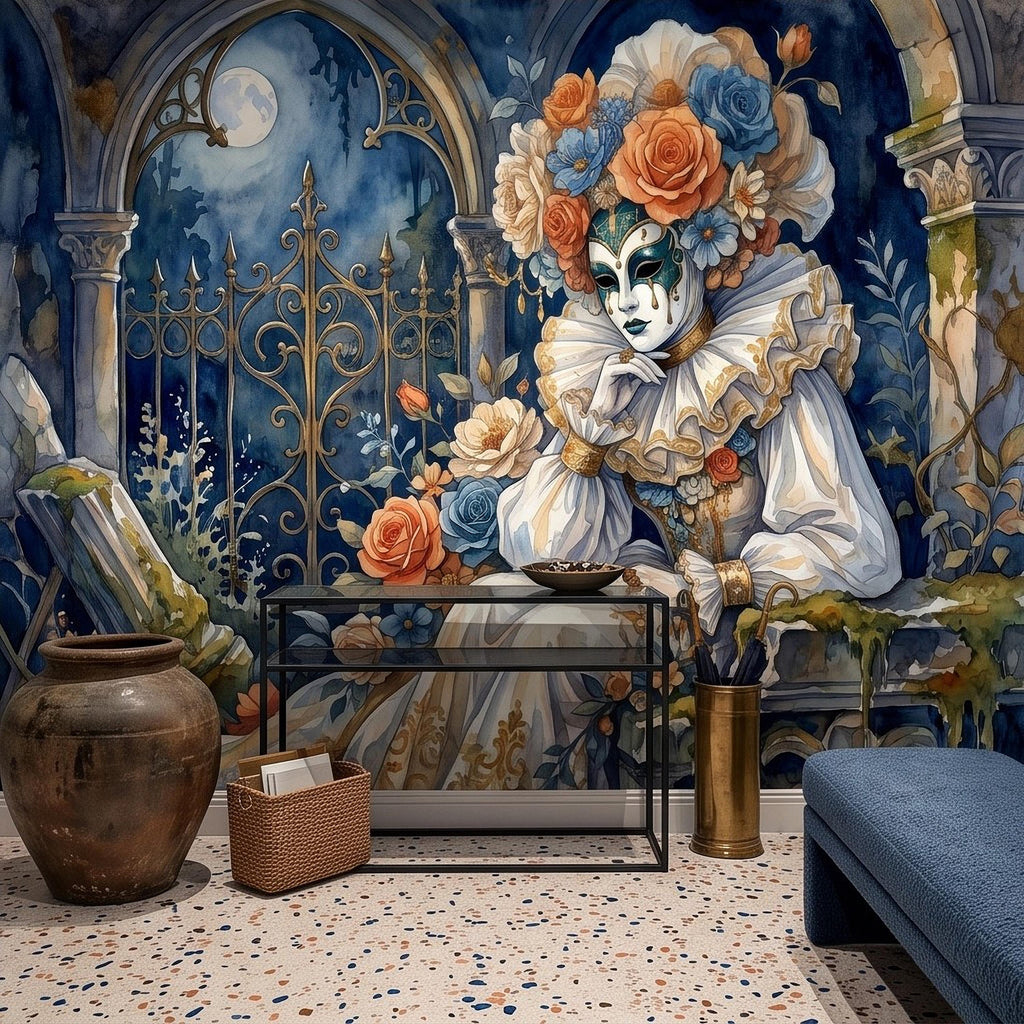 Venetian Masquerade Peel and Stick Wall Mural, Floral Masked Lady Gothic Garden Moonlit Ruins Romantic Watercolor Fantasy Painting Wallpaper