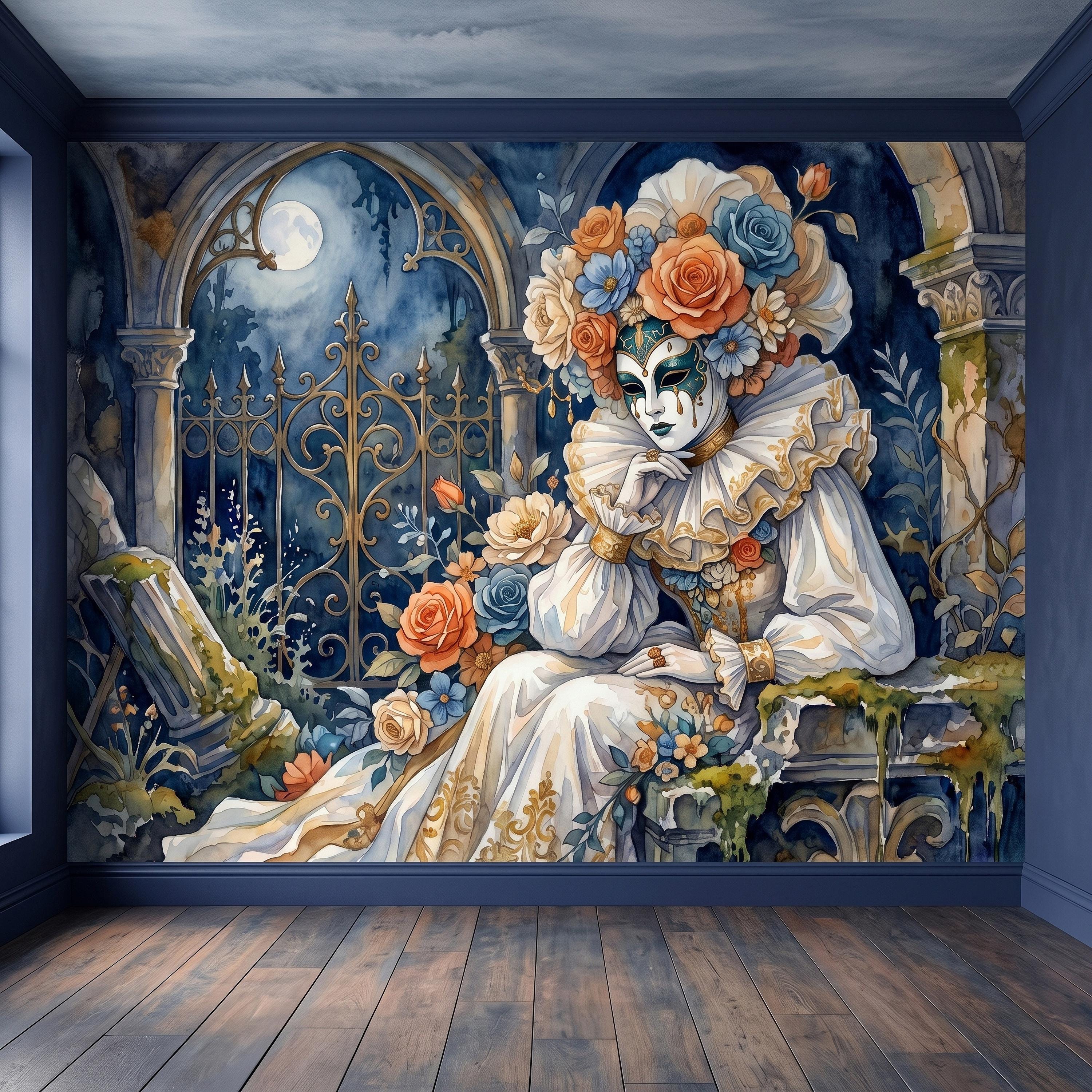 Venetian Masquerade Peel and Stick Wall Mural, Floral Masked Lady Gothic Garden Moonlit Ruins Romantic Watercolor Fantasy Painting Wallpaper
