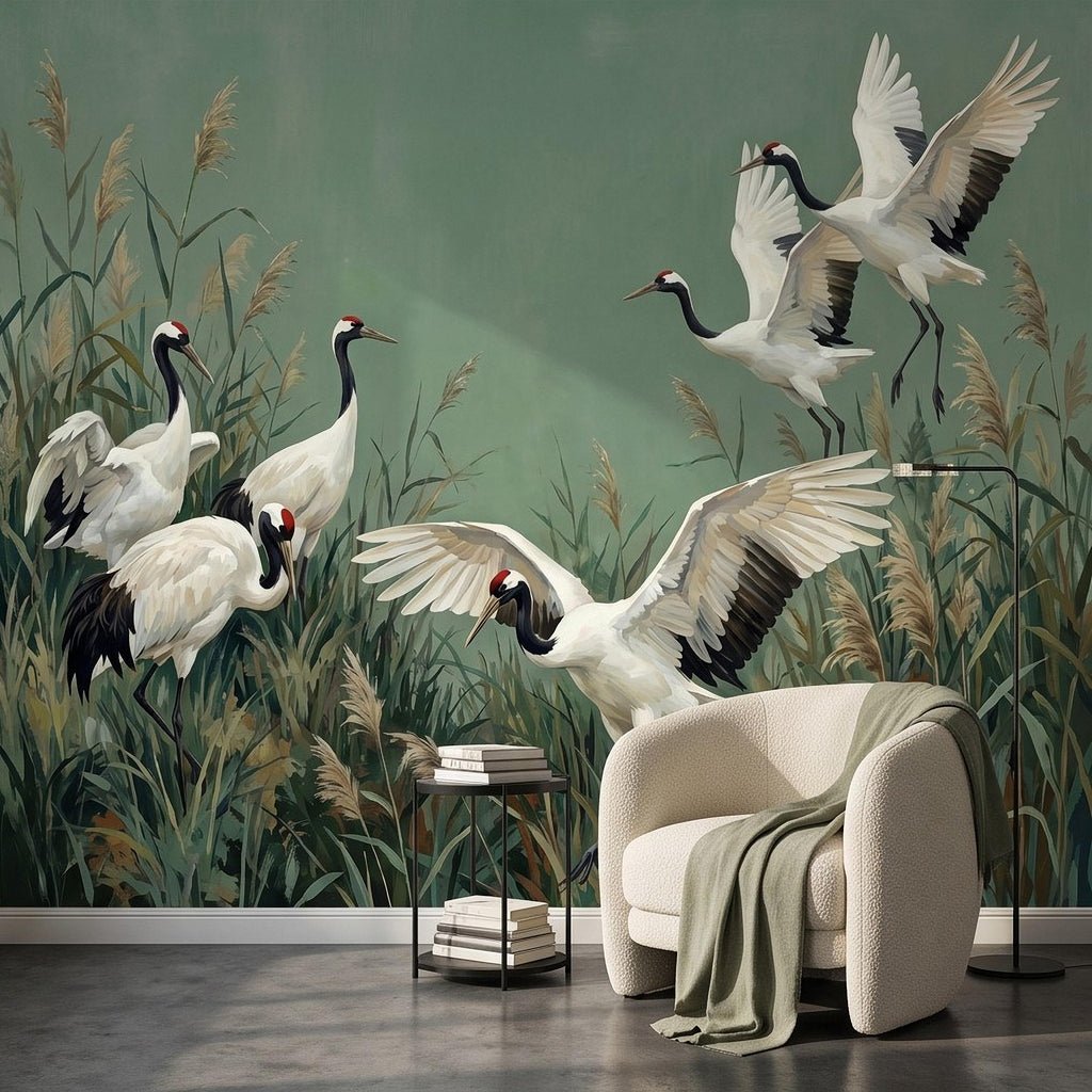 Japanese Cranes Peel and Stick Wall Mural, Red Crowned Birds Reeds Sage Green Wetland Marsh Elegant Vintage Nature Painting Wallpaper