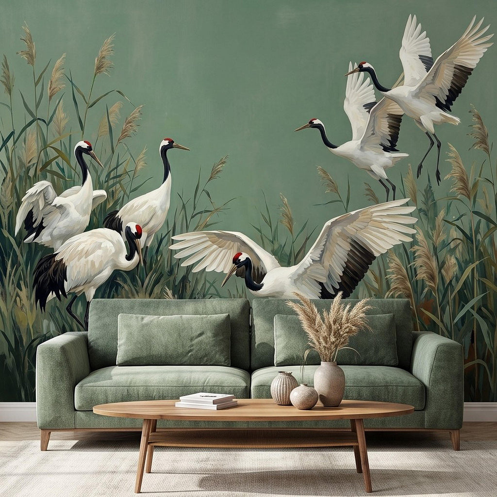 Japanese Cranes Peel and Stick Wall Mural, Red Crowned Birds Reeds Sage Green Wetland Marsh Elegant Vintage Nature Painting Wallpaper
