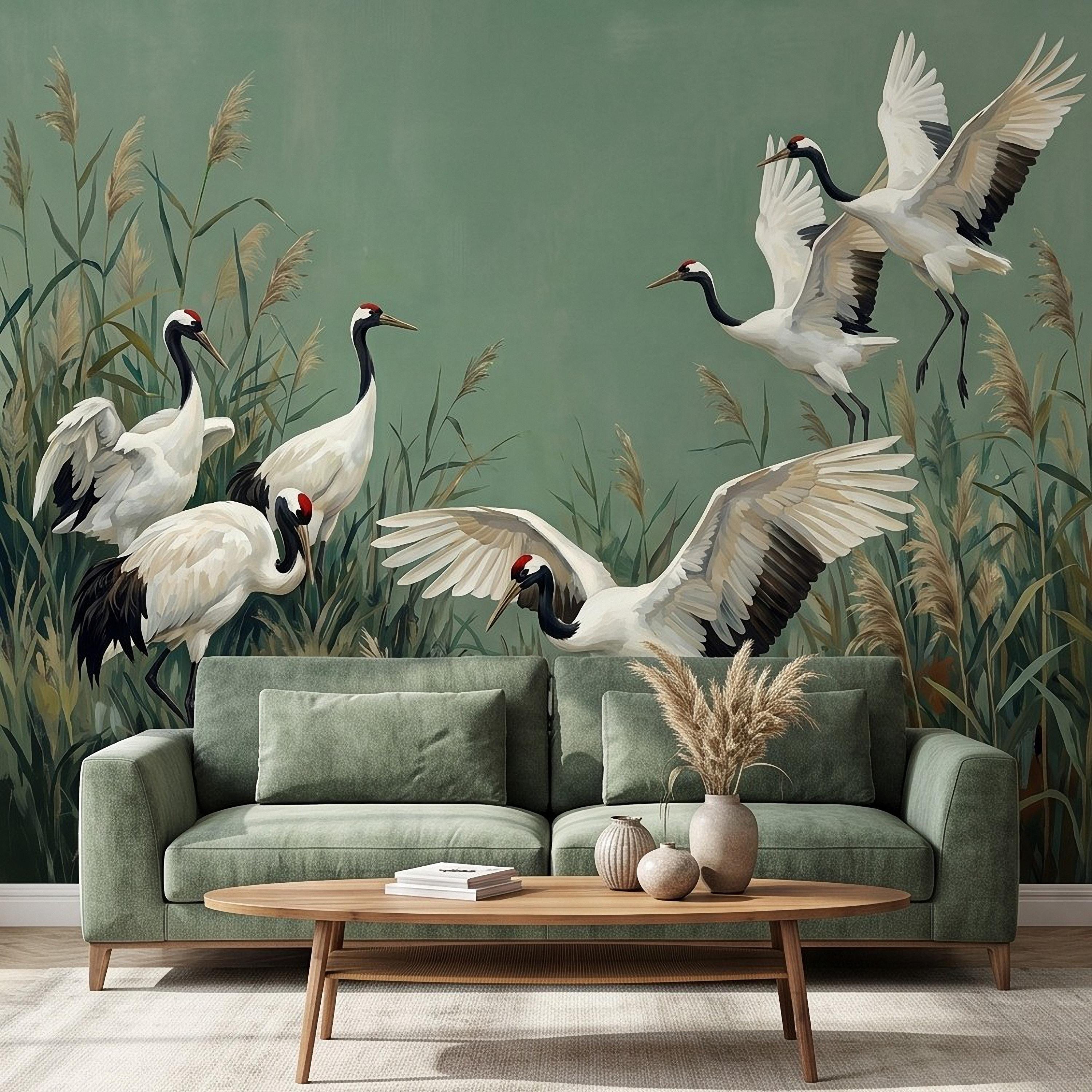 Japanese Cranes Peel and Stick Wall Mural, Red Crowned Birds Reeds Sage Green Wetland Marsh Elegant Vintage Nature Painting Wallpaper