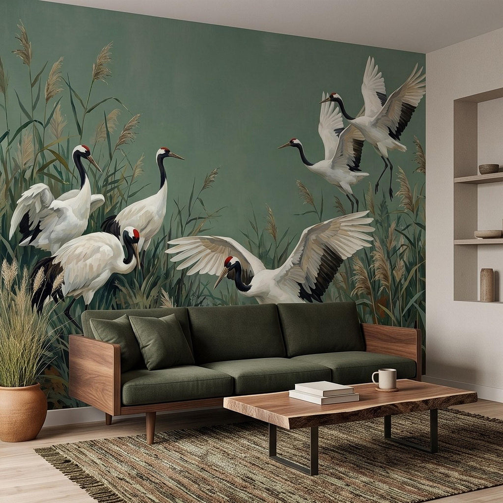 Japanese Cranes Peel and Stick Wall Mural, Red Crowned Birds Reeds Sage Green Wetland Marsh Elegant Vintage Nature Painting Wallpaper