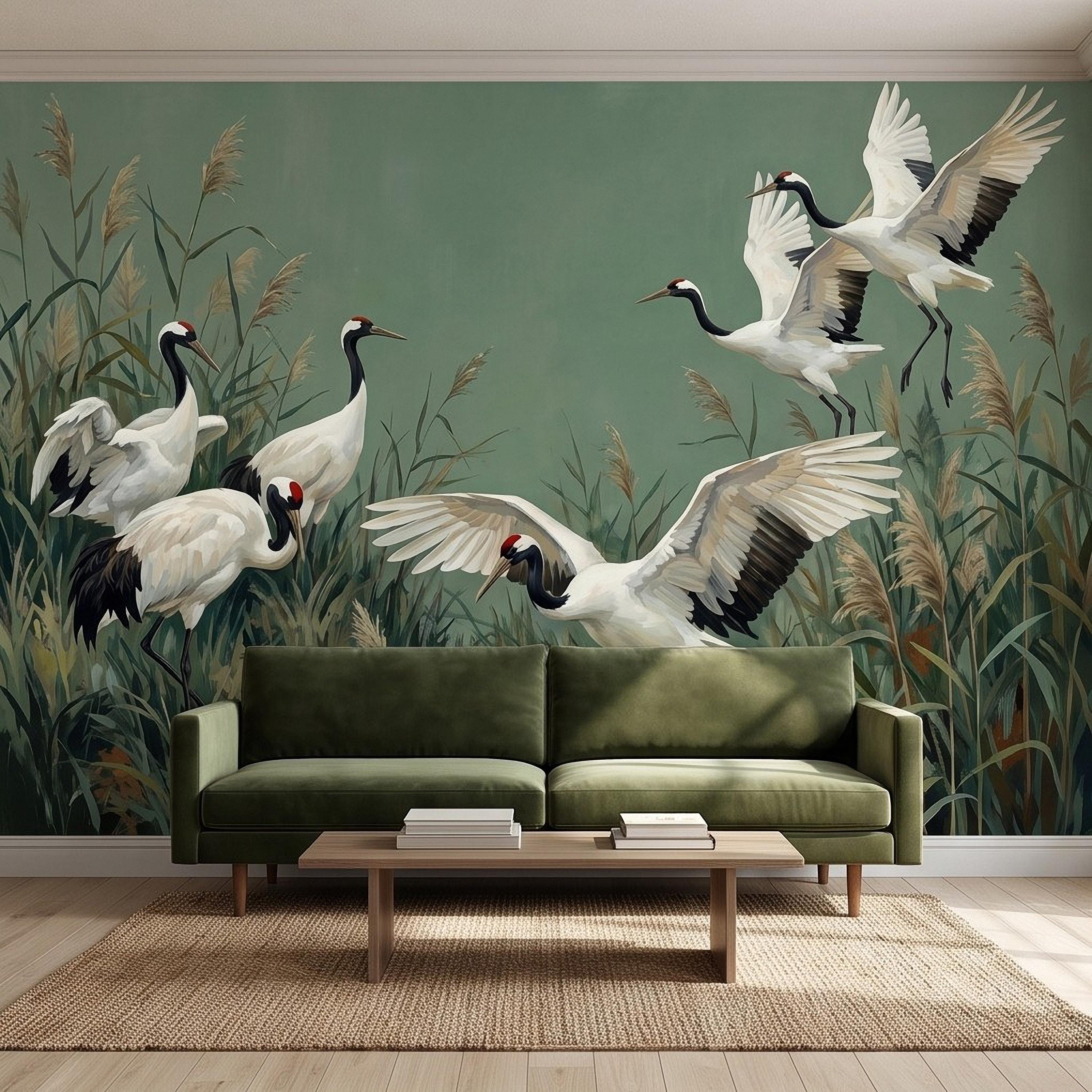 Japanese Cranes Peel and Stick Wall Mural, Red Crowned Birds Reeds Sage Green Wetland Marsh Elegant Vintage Nature Painting Wallpaper