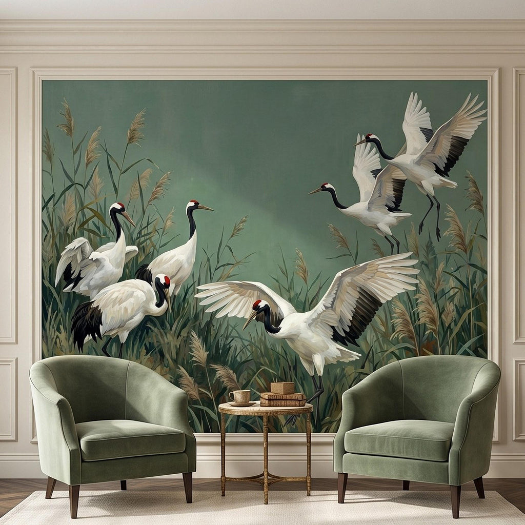Japanese Cranes Peel and Stick Wall Mural, Red Crowned Birds Reeds Sage Green Wetland Marsh Elegant Vintage Nature Painting Wallpaper