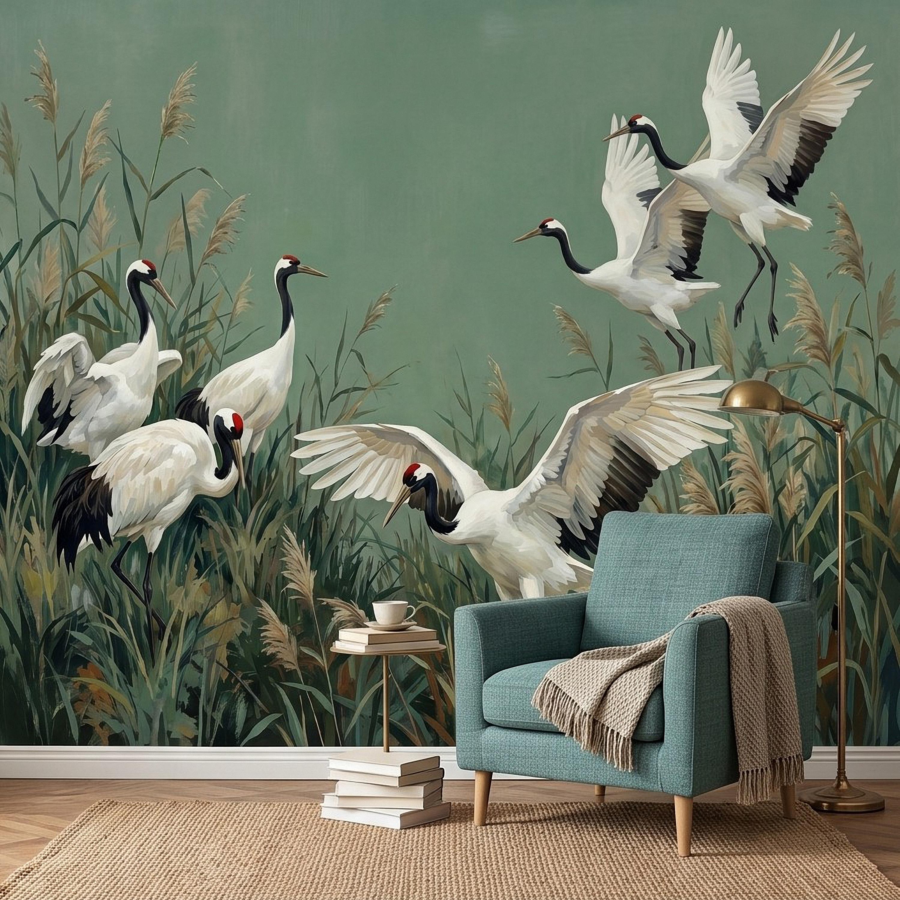 Japanese Cranes Peel and Stick Wall Mural, Red Crowned Birds Reeds Sage Green Wetland Marsh Elegant Vintage Nature Painting Wallpaper