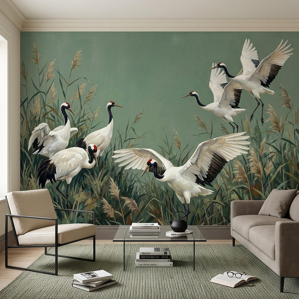 Japanese Cranes Peel and Stick Wall Mural, Red Crowned Birds Reeds Sage Green Wetland Marsh Elegant Vintage Nature Painting Wallpaper