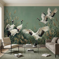 Japanese Cranes Peel and Stick Wall Mural, Red Crowned Birds Reeds Sage Green Wetland Marsh Elegant Vintage Nature Painting Wallpaper