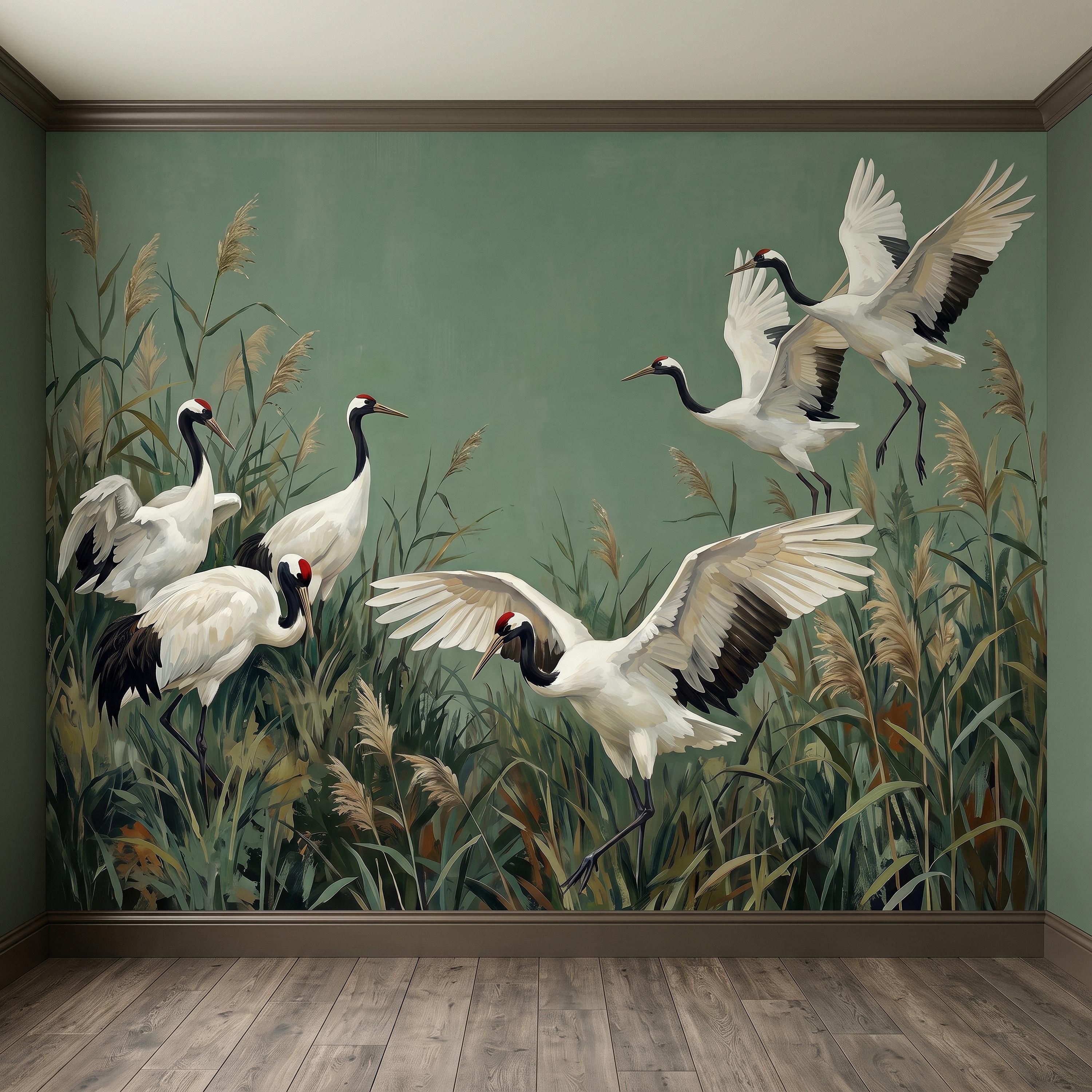 Japanese Cranes Peel and Stick Wall Mural, Red Crowned Birds Reeds Sage Green Wetland Marsh Elegant Vintage Nature Painting Wallpaper