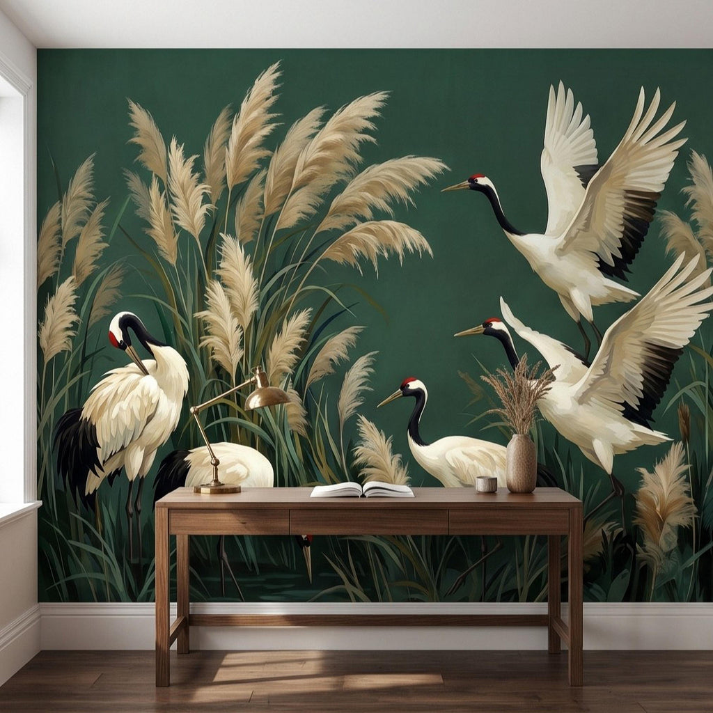 Japanese Cranes Peel and Stick Wall Mural, Red Crowned Birds Pampas Reeds Dark Green Wetland Elegant Vintage Botanical Painting Wallpaper