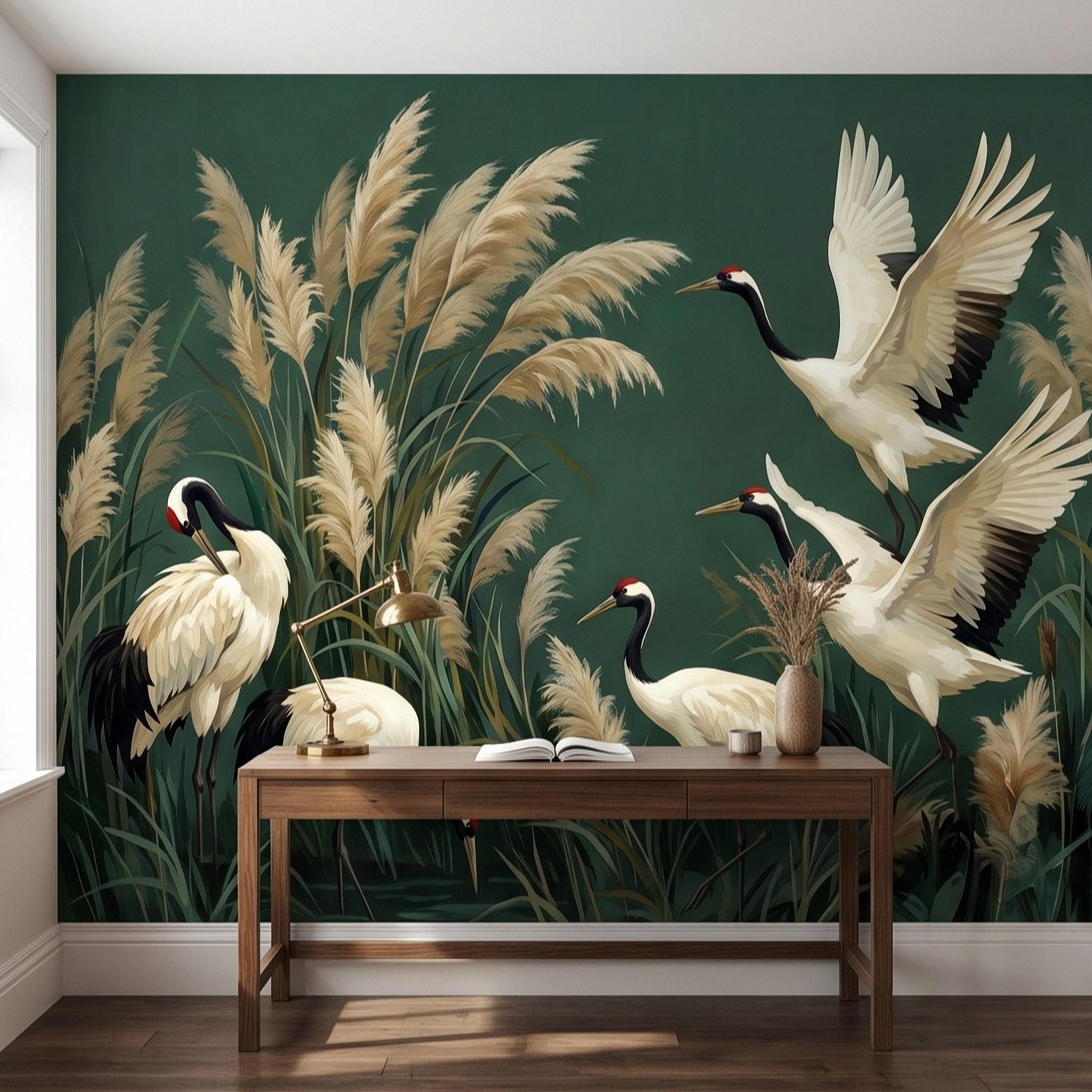 Japanese Cranes Peel and Stick Wall Mural, Red Crowned Birds Pampas Reeds Dark Green Wetland Elegant Vintage Botanical Painting Wallpaper