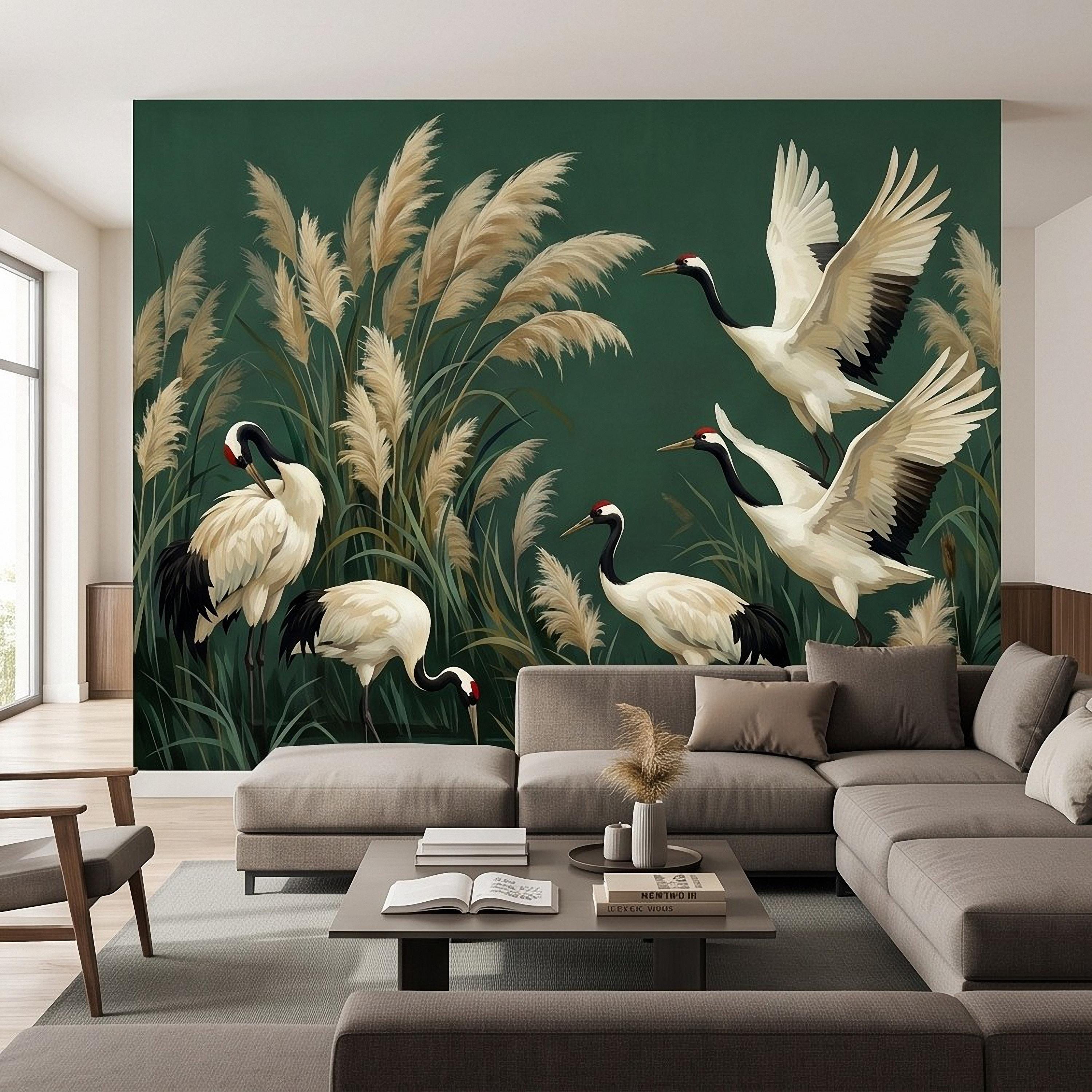 Japanese Cranes Peel and Stick Wall Mural, Red Crowned Birds Pampas Reeds Dark Green Wetland Elegant Vintage Botanical Painting Wallpaper
