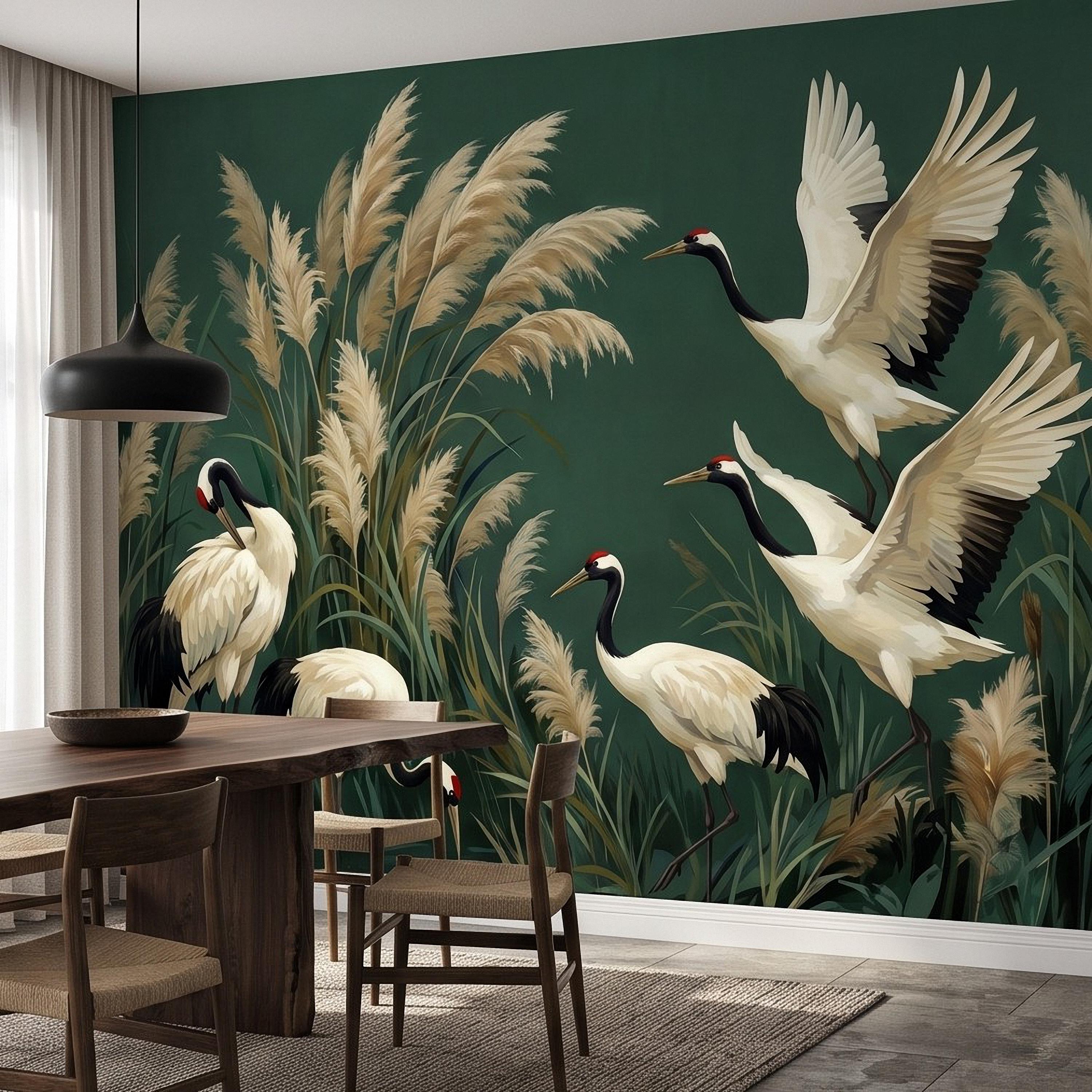 Japanese Cranes Peel and Stick Wall Mural, Red Crowned Birds Pampas Reeds Dark Green Wetland Elegant Vintage Botanical Painting Wallpaper