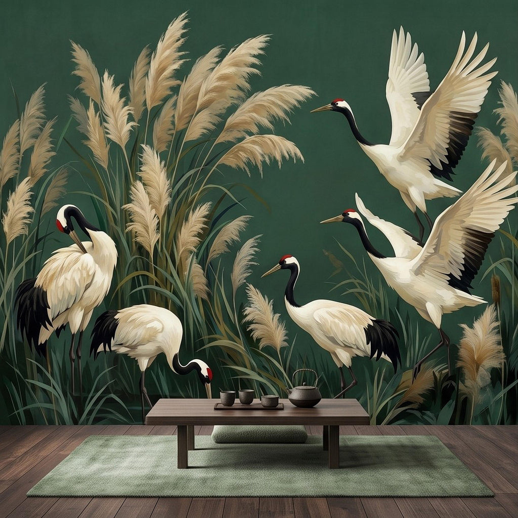 Japanese Cranes Peel and Stick Wall Mural, Red Crowned Birds Pampas Reeds Dark Green Wetland Elegant Vintage Botanical Painting Wallpaper