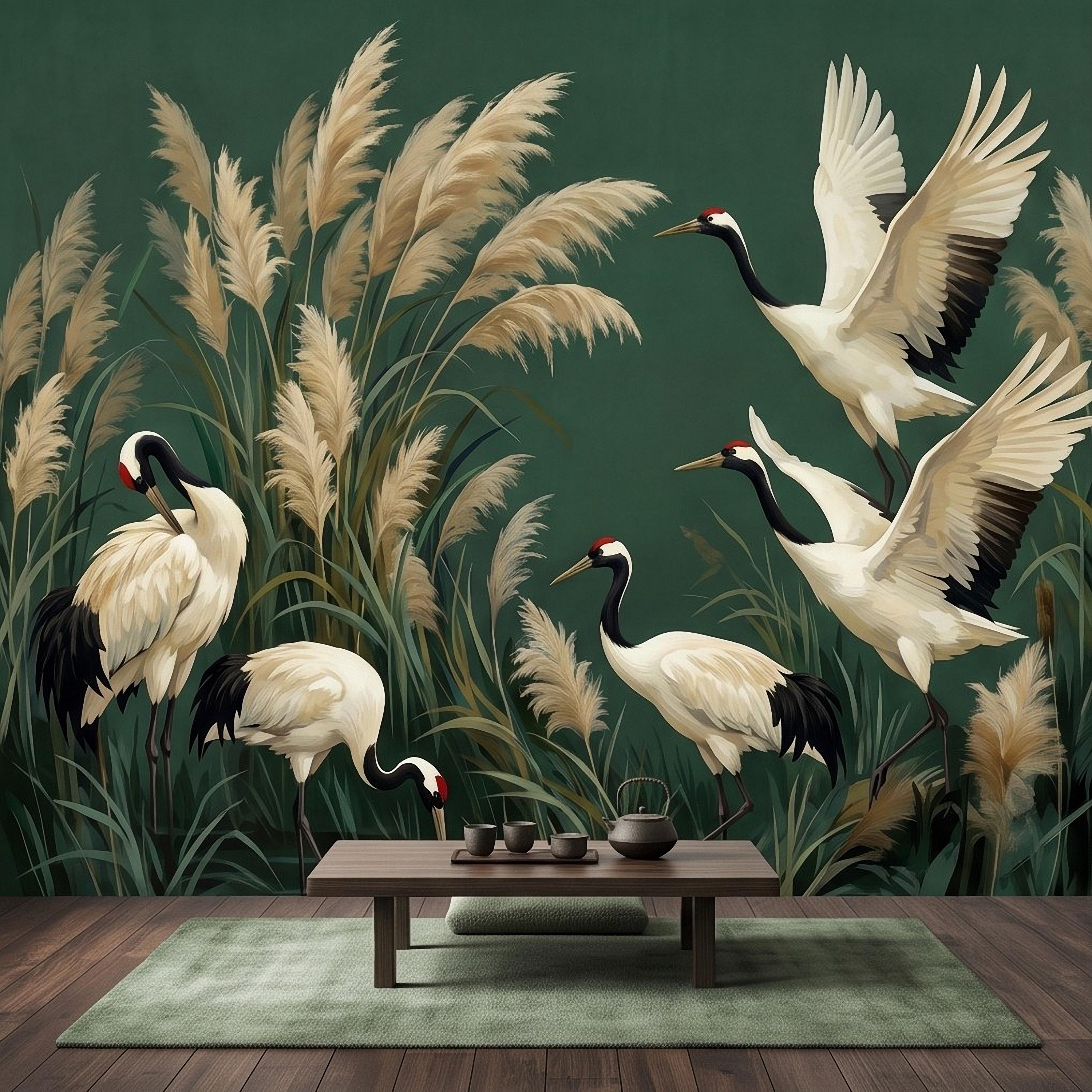 Japanese Cranes Peel and Stick Wall Mural, Red Crowned Birds Pampas Reeds Dark Green Wetland Elegant Vintage Botanical Painting Wallpaper