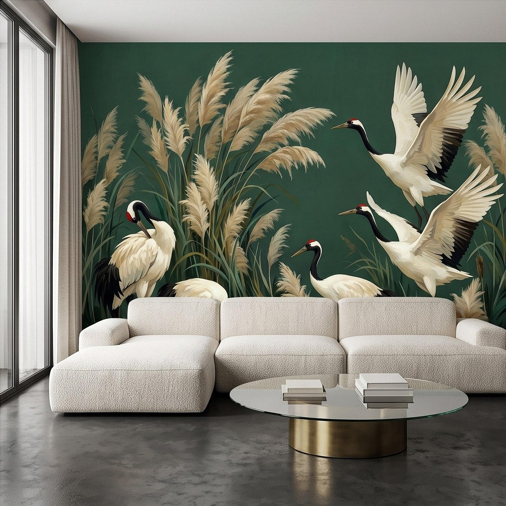 Japanese Cranes Peel and Stick Wall Mural, Red Crowned Birds Pampas Reeds Dark Green Wetland Elegant Vintage Botanical Painting Wallpaper
