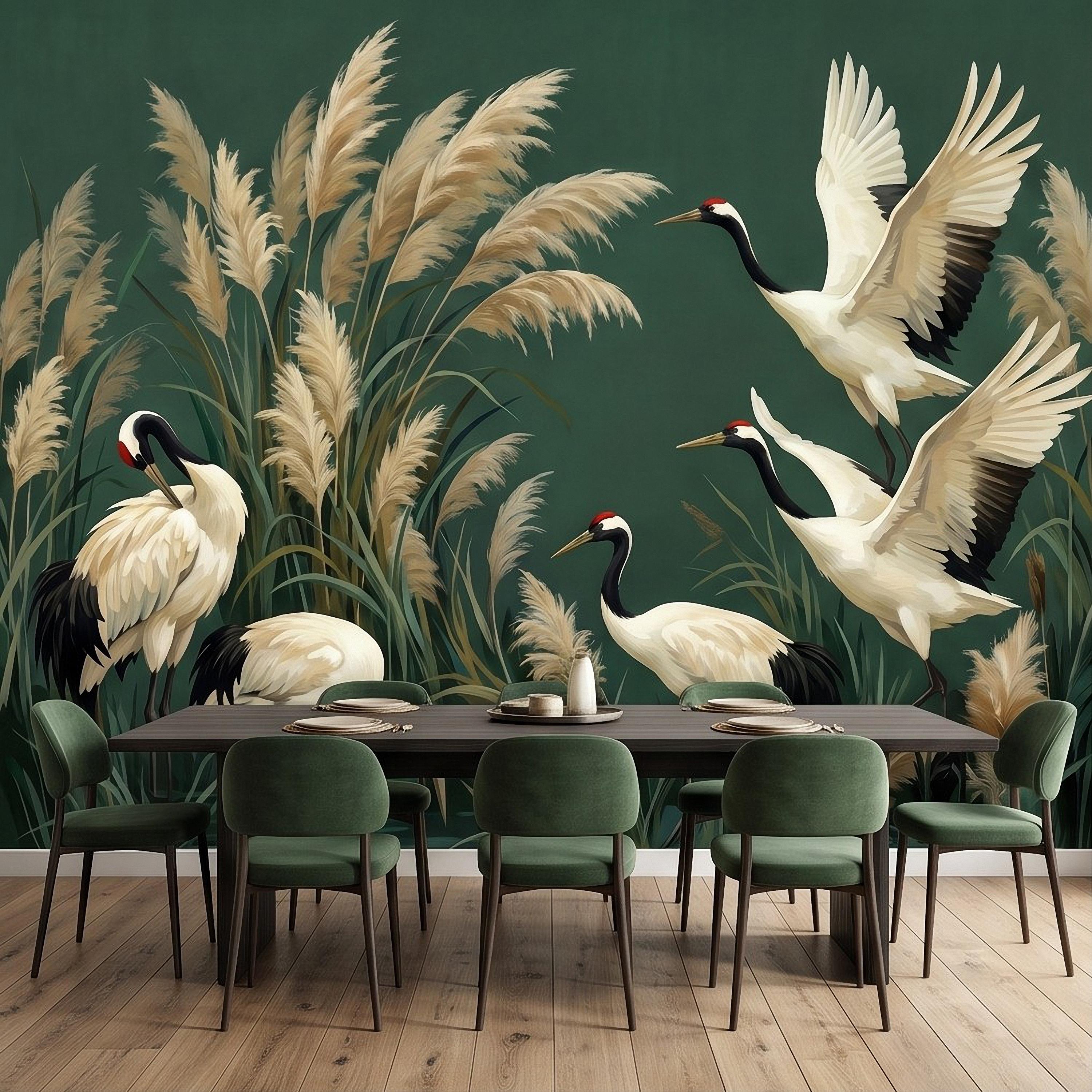 Japanese Cranes Peel and Stick Wall Mural, Red Crowned Birds Pampas Reeds Dark Green Wetland Elegant Vintage Botanical Painting Wallpaper