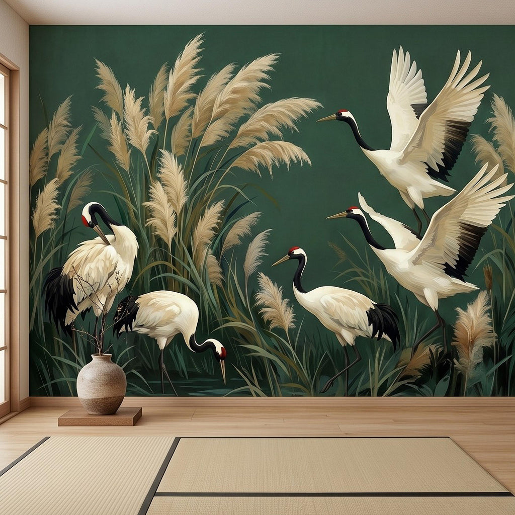 Japanese Cranes Peel and Stick Wall Mural, Red Crowned Birds Pampas Reeds Dark Green Wetland Elegant Vintage Botanical Painting Wallpaper
