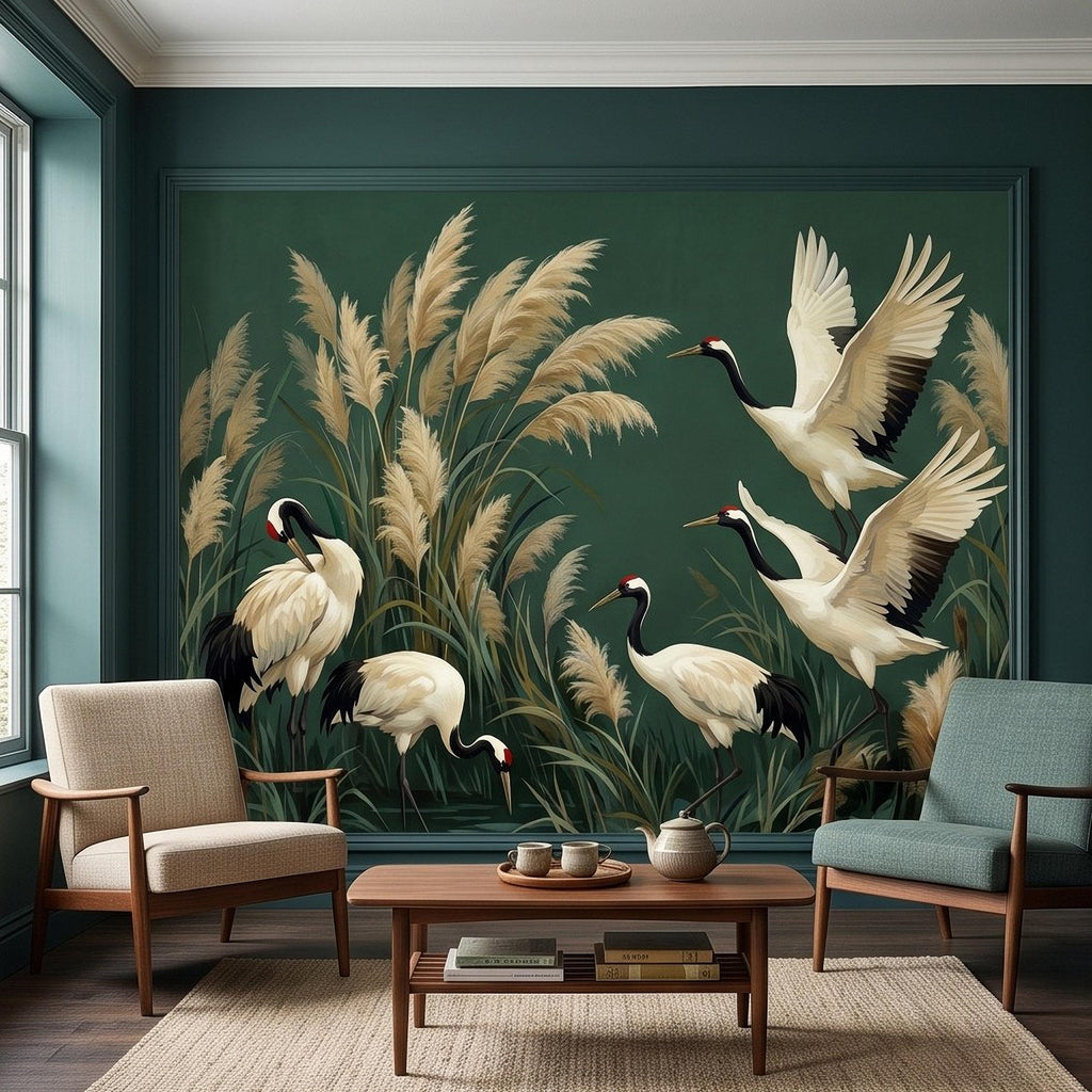 Japanese Cranes Peel and Stick Wall Mural, Red Crowned Birds Pampas Reeds Dark Green Wetland Elegant Vintage Botanical Painting Wallpaper