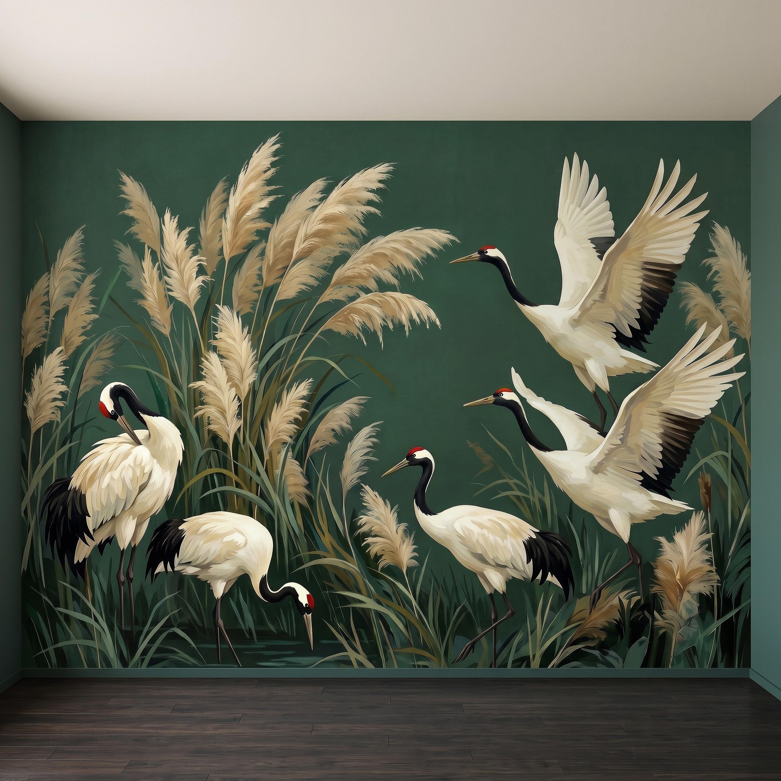 Japanese Cranes Peel and Stick Wall Mural, Red Crowned Birds Pampas Reeds Dark Green Wetland Elegant Vintage Botanical Painting Wallpaper