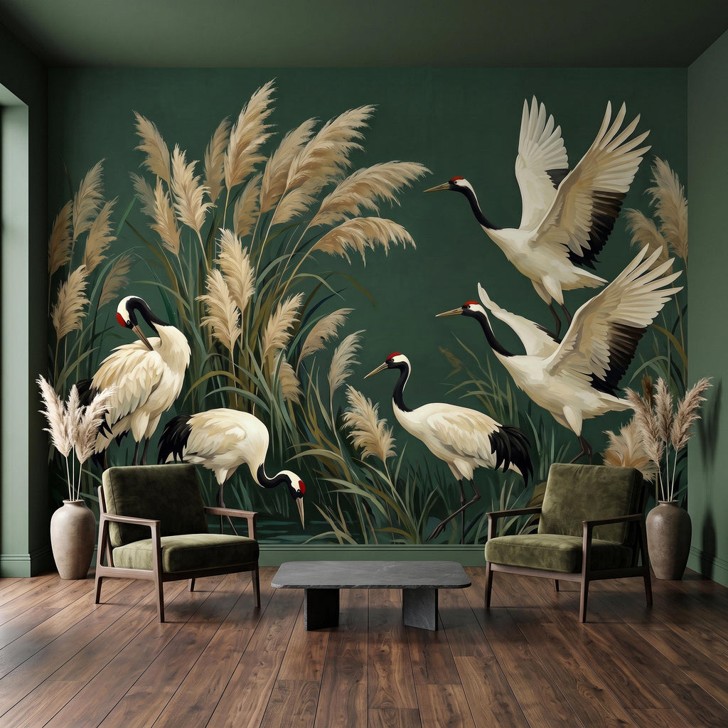 Japanese Cranes Peel and Stick Wall Mural, Red Crowned Birds Pampas Reeds Dark Green Wetland Elegant Vintage Botanical Painting Wallpaper