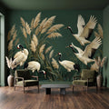 Japanese Cranes Peel and Stick Wall Mural, Red Crowned Birds Pampas Reeds Dark Green Wetland Elegant Vintage Botanical Painting Wallpaper