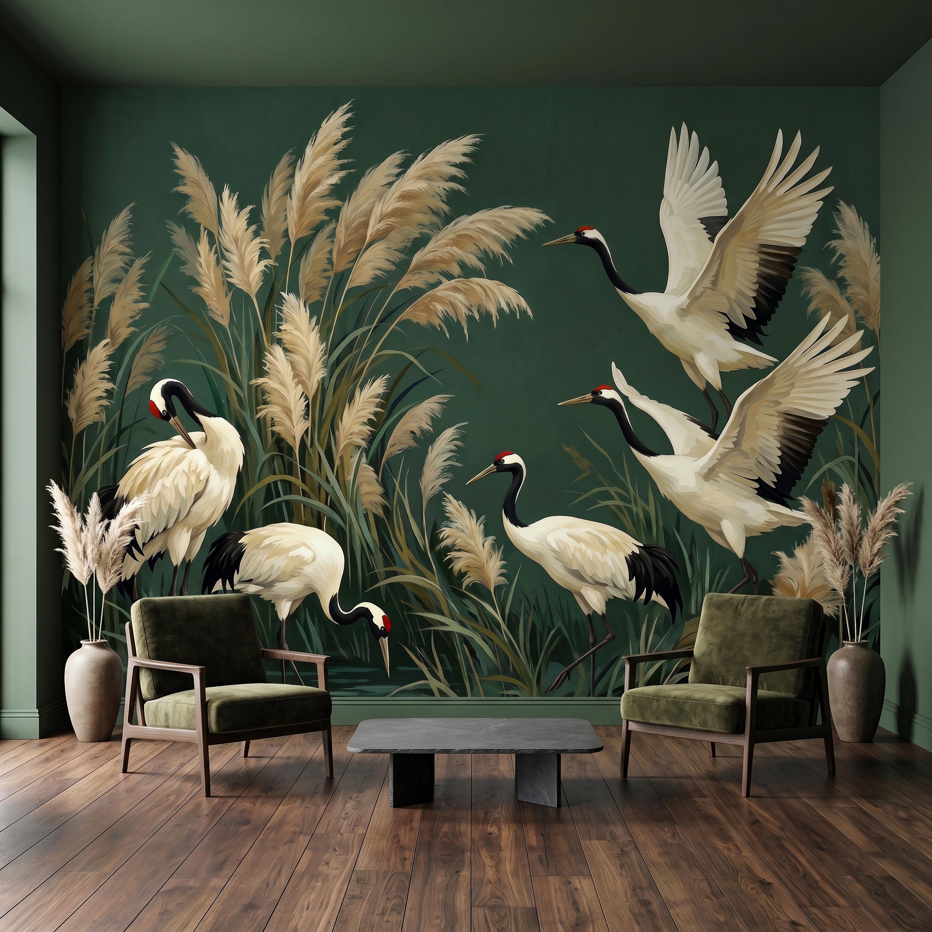 Japanese Cranes Peel and Stick Wall Mural, Red Crowned Birds Pampas Reeds Dark Green Wetland Elegant Vintage Botanical Painting Wallpaper